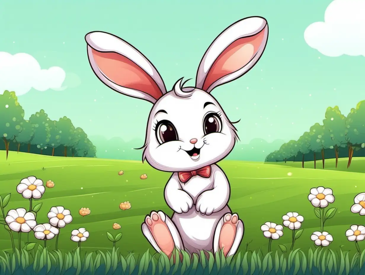 Adorable Cartoon Rabbit Frolicking in a Vibrant Meadow