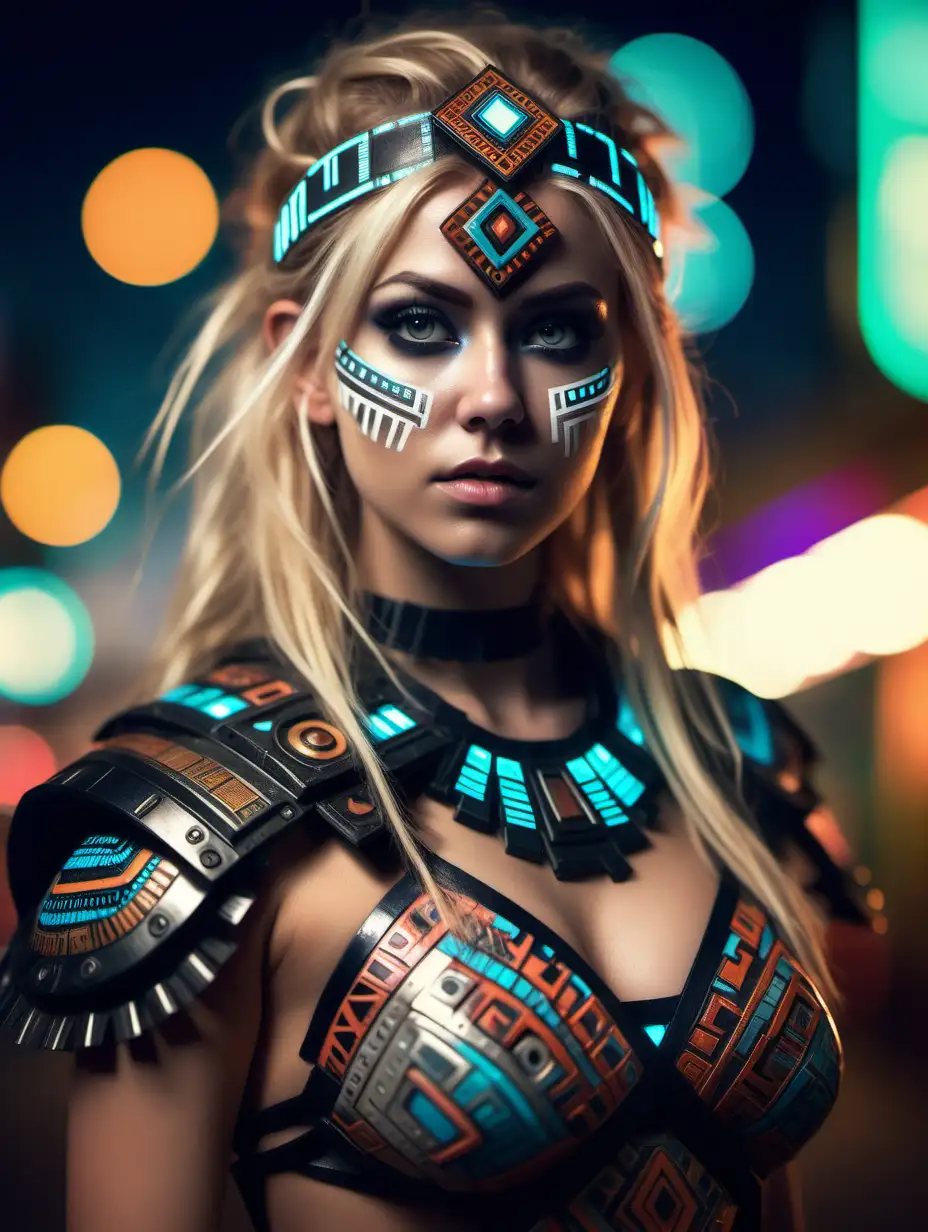 Beautiful Nordic woman, very attractive face, detailed eyes, big breasts, slim body, dark eye shadow, messy blonde hair, dressed as an Aztec princess in a futuristic sci-fi era, close up, bokeh background, soft light on face, rim lighting, facing away from camera, looking back over her shoulder, standing in a cyperpunk neon city at night, photorealistic, very high detail, extra wide photo, full body photo, aerial photo