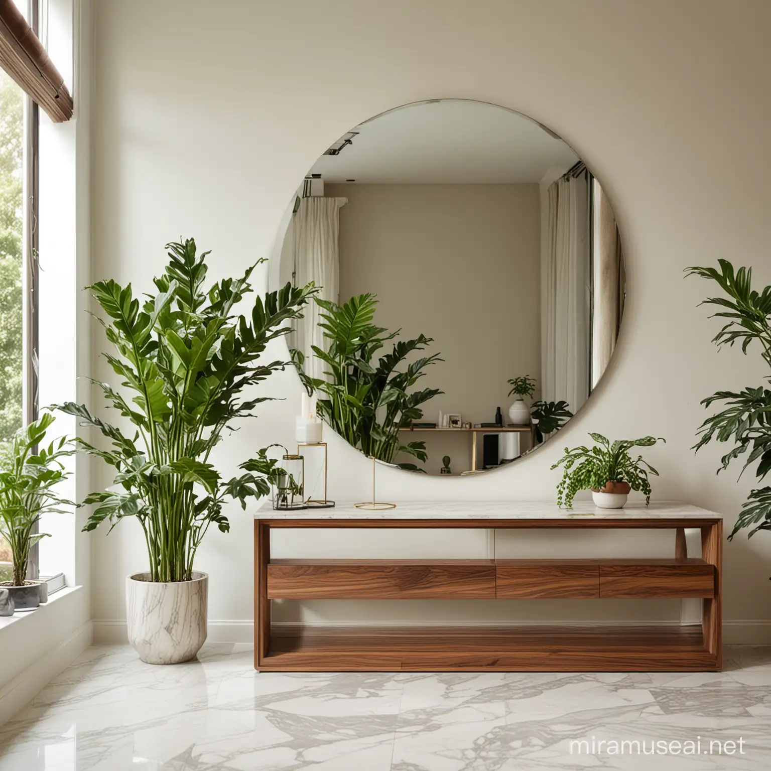 Modern Living Room with Walnut and Marble Accents Indoor Plants and Soft Lighting