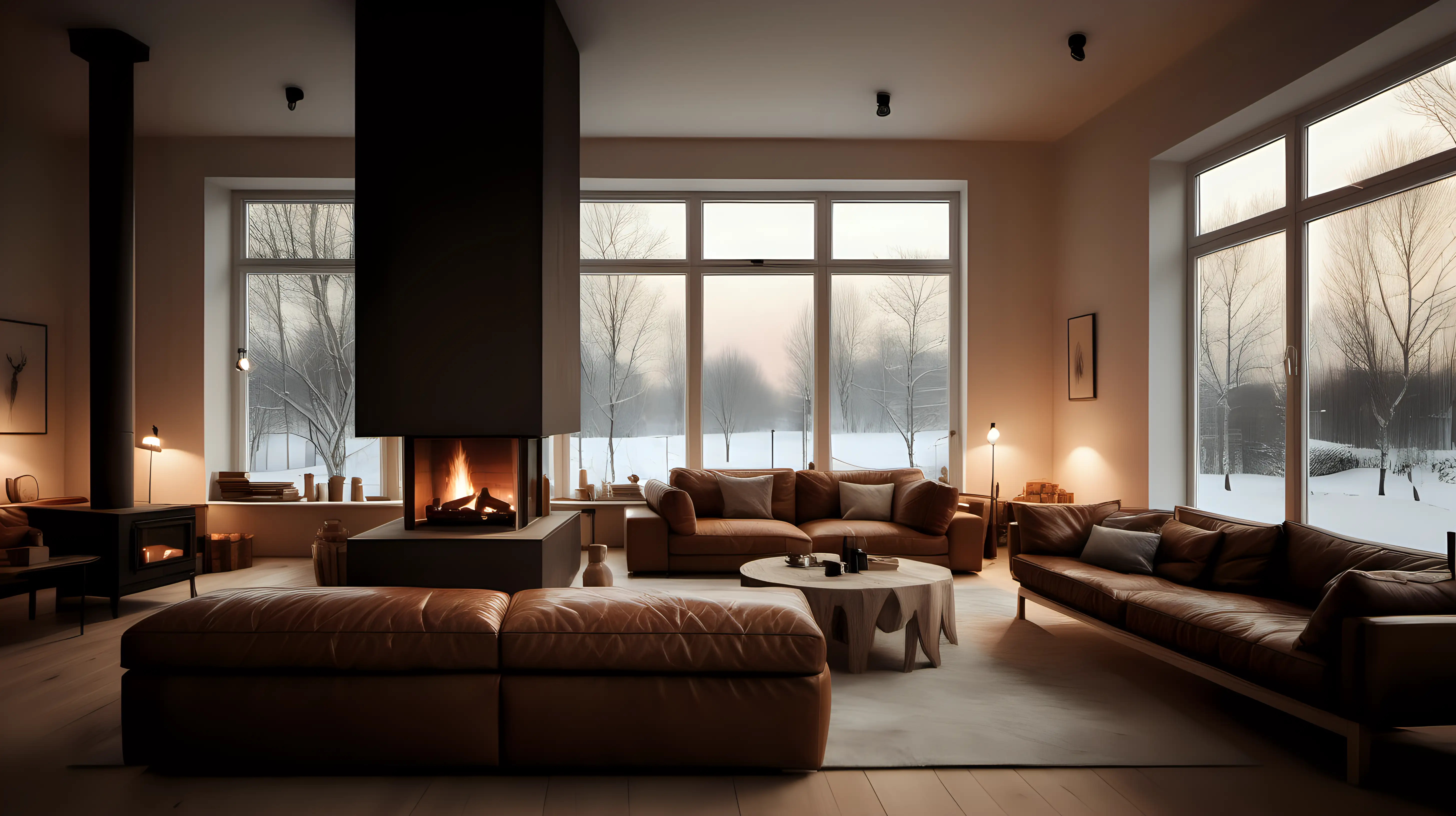 A nordic living room with leather furniture and a central fireplace and a large window. Warm lighting, photographic quality.