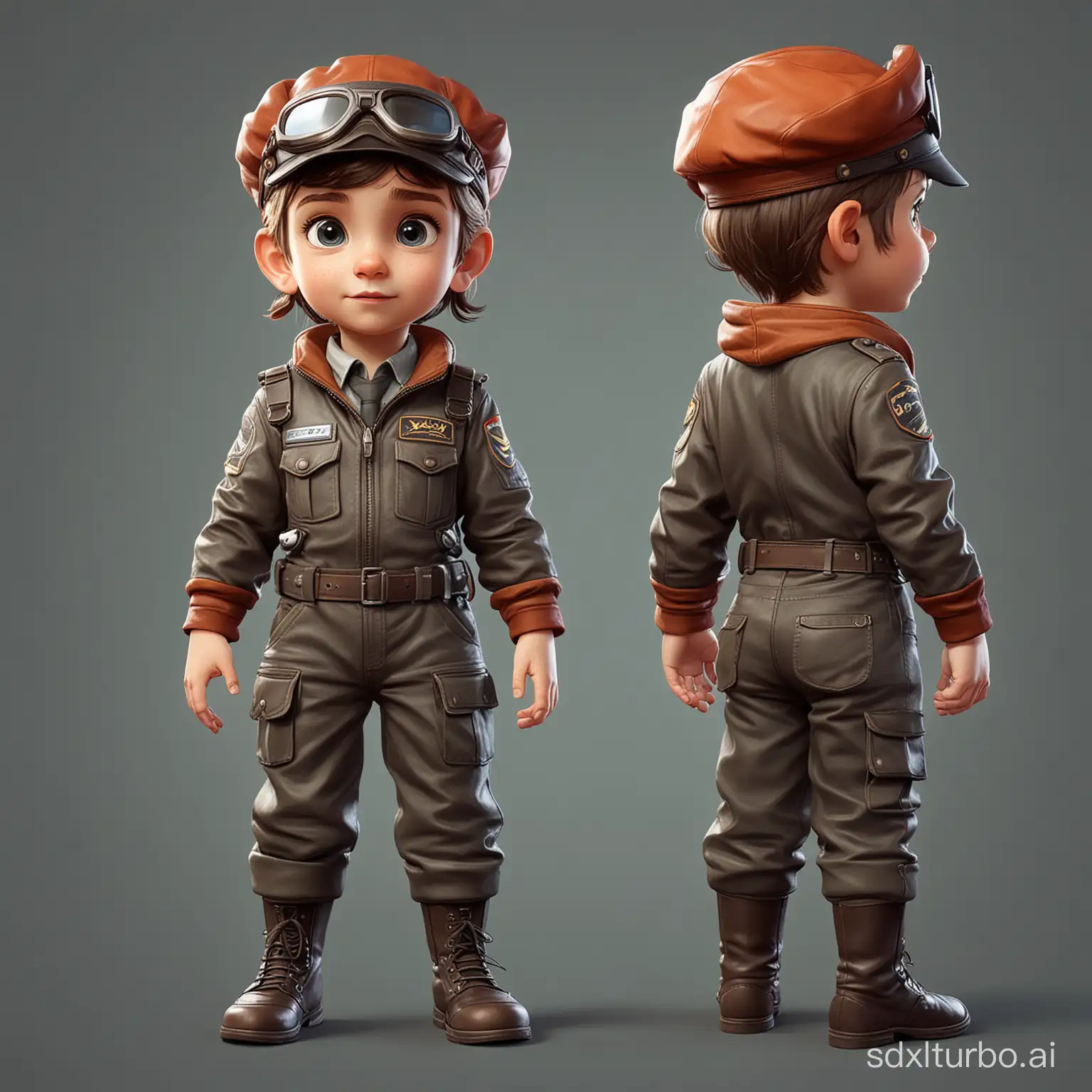 Little child pilot, game character, stands at full height