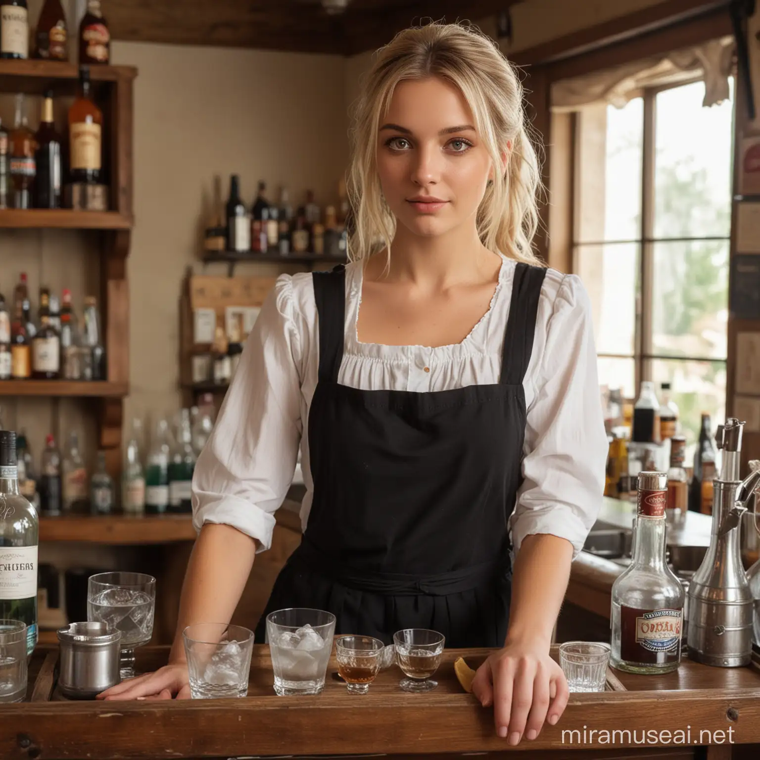 A plain looking but secretly pretty bar maiden in a fantasy tavern, threadbare apron and simple clothes, hazel eyes, blonde hair, bare feet, balancing a tray of drinks in one hand