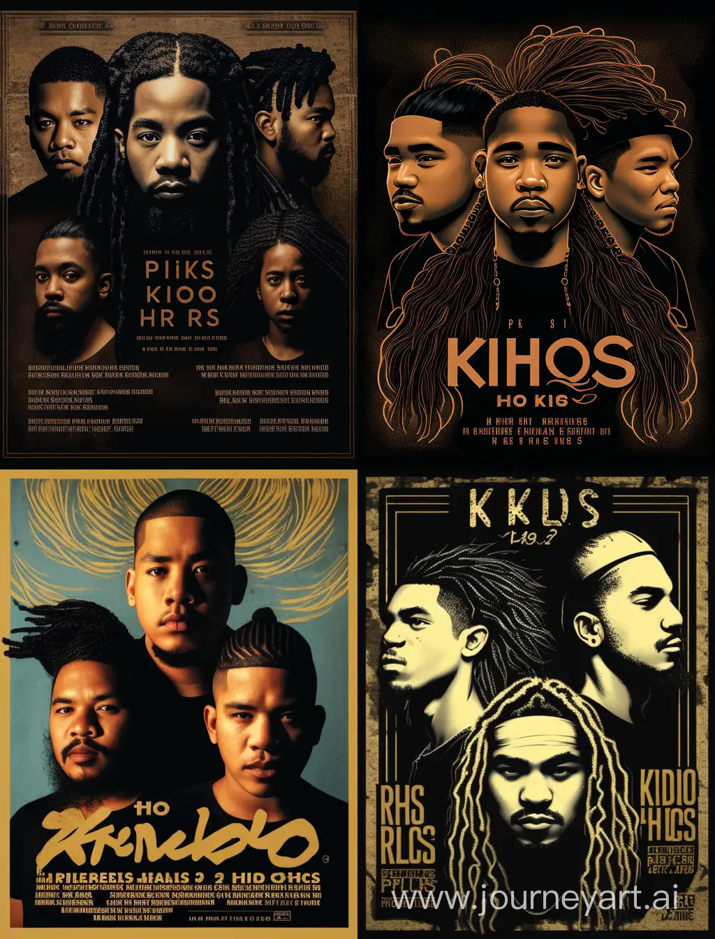 hip hop poster of the group FILHOS DO KAOS. Two latinos. with long and twisted hairs. There are two brothers in the rap group. The older brother havfe 28 years old and the youngest have 21. The older is a black-indigenous men and the youngst is more ligth in the skin. they are somenthing like the RUN THE MC or N.W.A groups of rap. the brothers can not be straigth black mens.  Write on the frame with grafite letters the phrase "Filhos do Kaos".