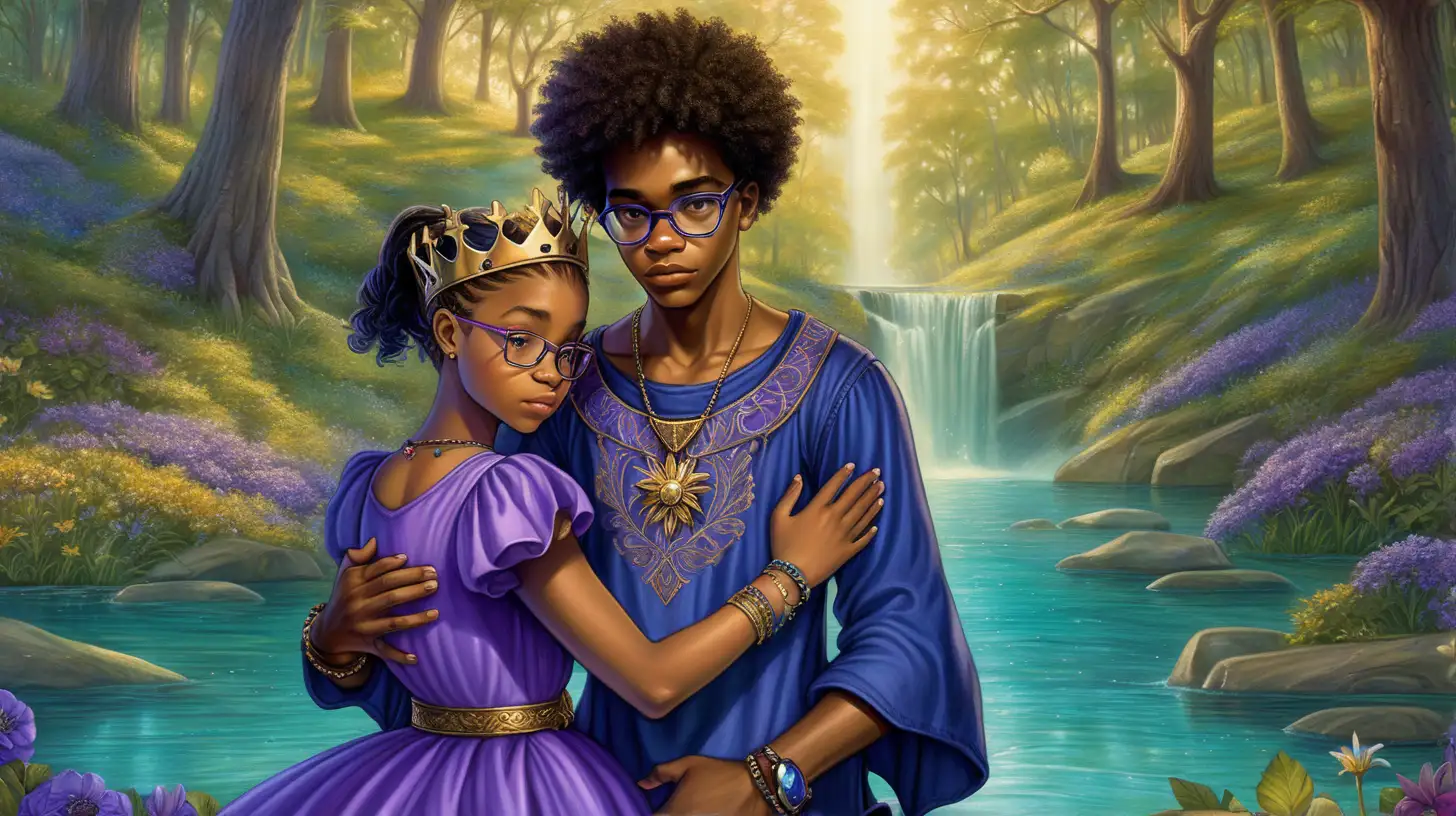 AfricanAmerican Teenage Couple Embracing in Medieval Fantasy Forest