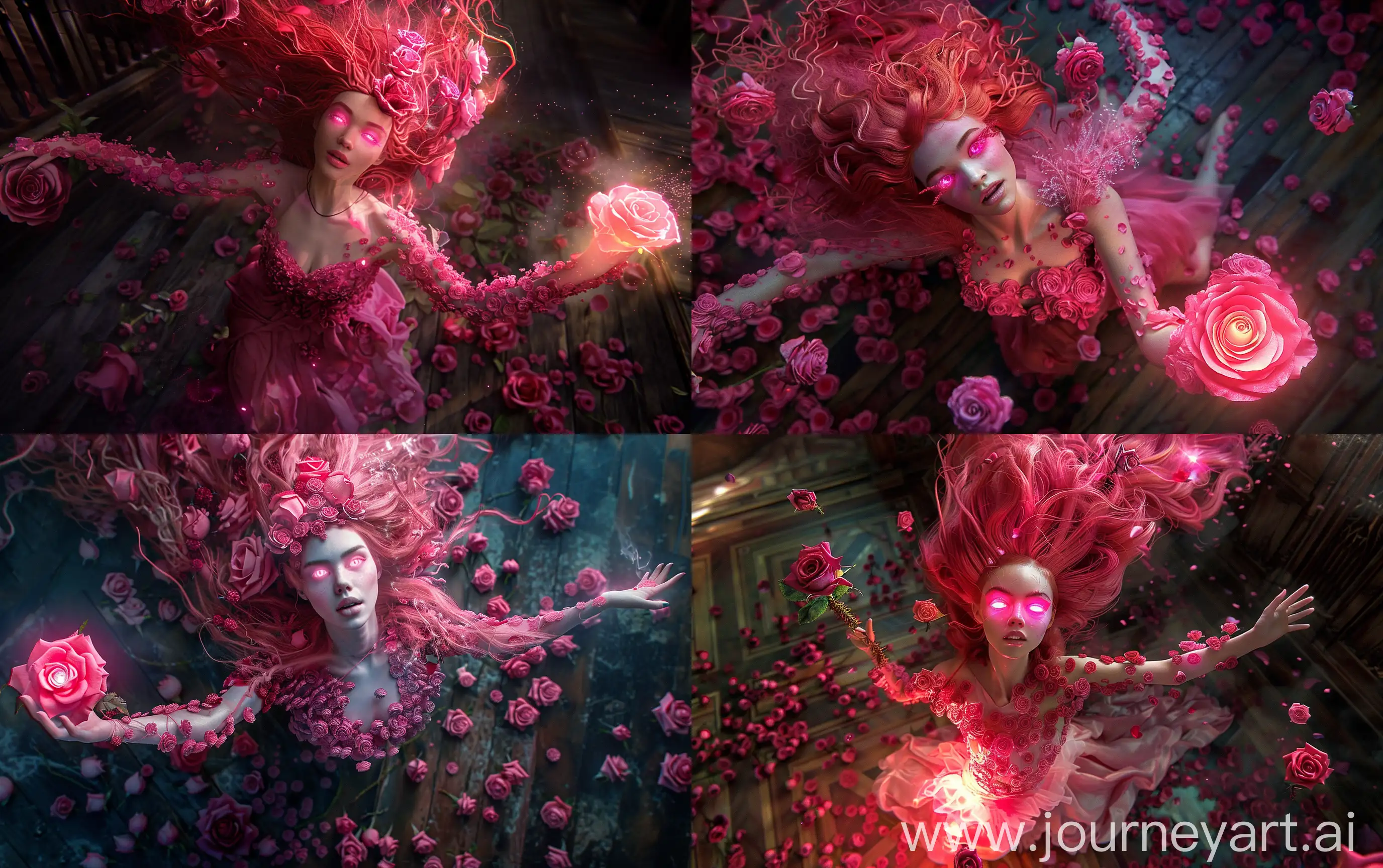 Beautiful model with pink and red wild hair, her body consists of pink roses particularly, she has pink eyes, she wears a pink dress and she has a big glowing rose in a hand, she descends in flight down, the floor below strewn with roses, mystical dark background, canon 18mm shot, realistic --ar 16:10