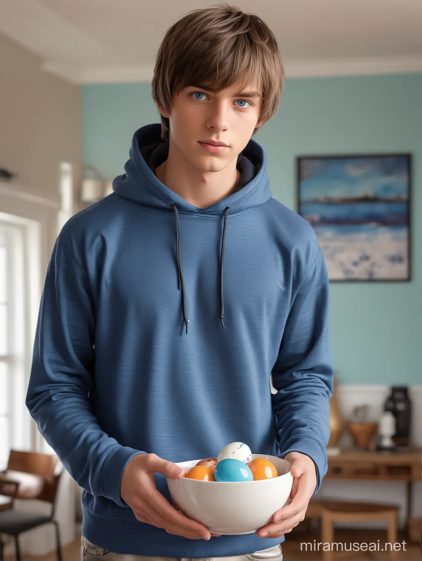 Visible 18 year old boy, one very handsome, brunette shiny straight hair, short hairstyle with long bangs, bright blue eyes with highlights, tan, athletic figure, detailed rendering of skin hair and fingers, wearing a blue hooded sweatshirt, black jeans, full  a figure standing in a room holding a bowl full of colored eggs in front of him