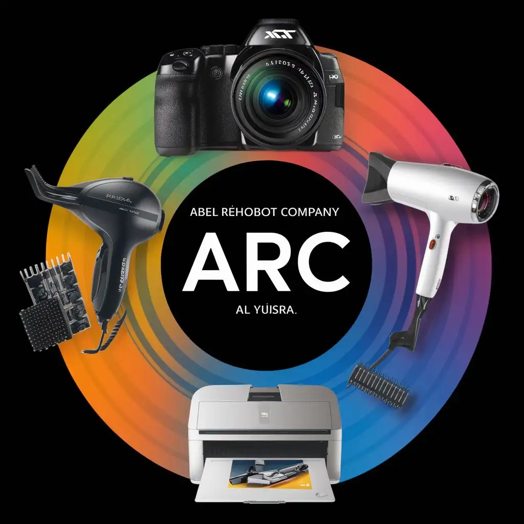logo, HD CAMERAS, HAIR DRYER, HAIR TRIMMER,  DESKTOP and PRINTER arranged in circles.  colourful, realistic and vivid designs, with the text "ABEL REHOBOT COMPANY,   acronymn ARC , AL YUSRA", typography, be used in Retail industry