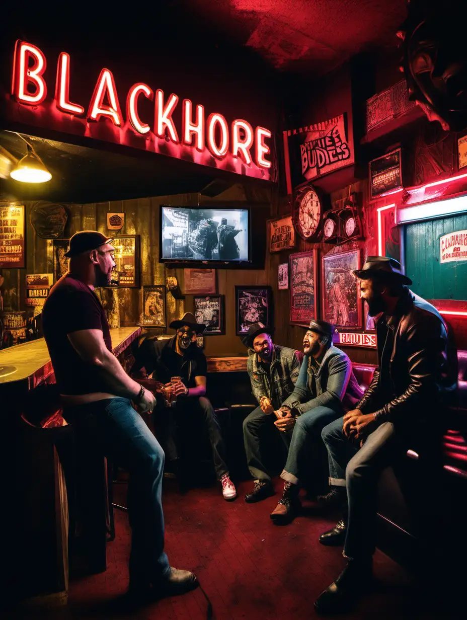 a group of cool men chatting and having fun inside a dive bar under a big neon sign that says BLACKHORSE BUDDIES