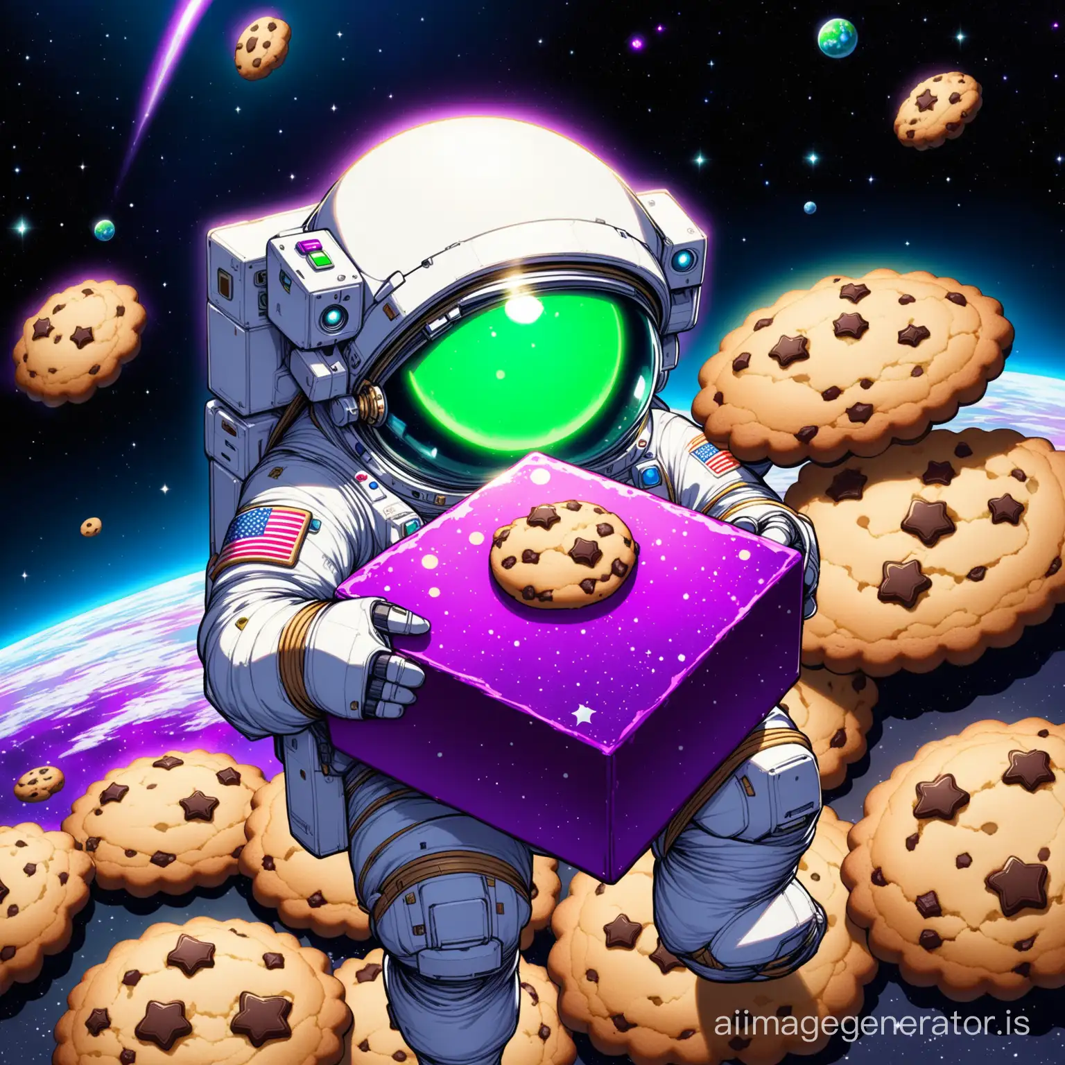 A coockie with green eye holding a purple block in his arms.
This coockie is in space
The super details are beautifully evident
Details are evident beautifully and with great precision