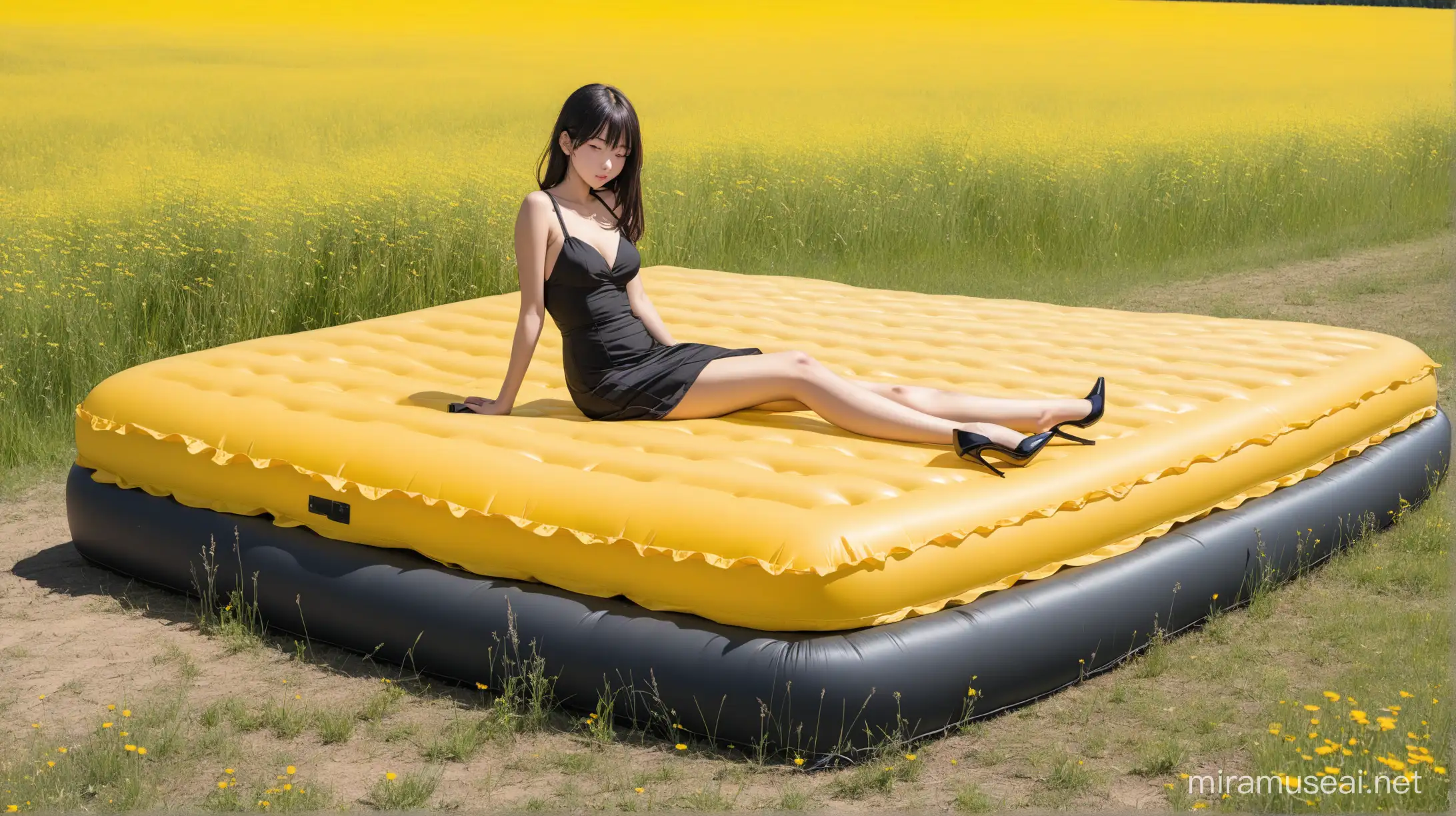 Girl in Black Dress Relaxing on Air Mattress in a Meadow