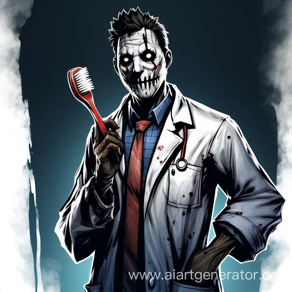 doctor from dead by daylight, without background, toothbrush in hand, looks from around the corner