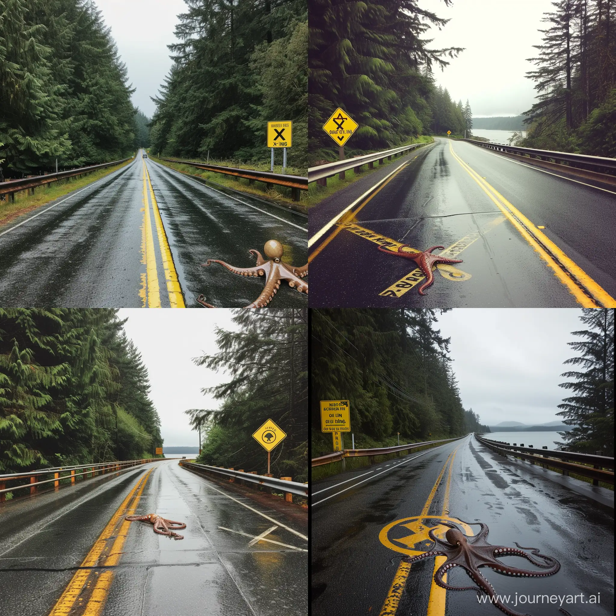 photo of Route 101, separating the rainforests of the Olympic Peninsula from Hood Canal, coniferous trees on the left side, bay on the right past the guardrails, yellow sign on the side of the road with a symbol of an octopus and the words "X-ing" underneath, a very wet glistening small mottled brown octopus crossing the road, octopus is at a distance, crossing left to right, extreme wide shot with entire road in frame, deep depth of field, crisp, detailed, daylight