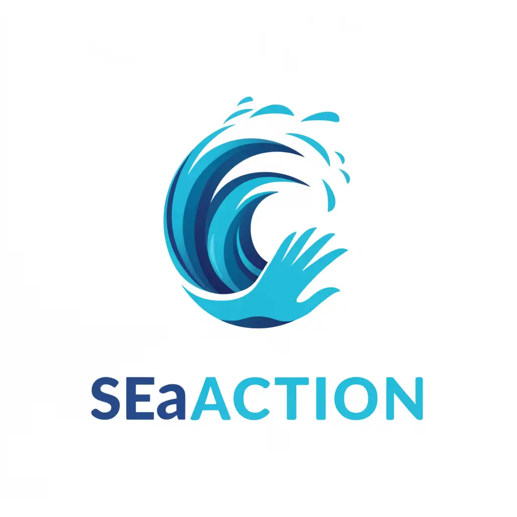 a logo design,with the text "SeaAction", main symbol:Wave and Hand,Moderate,be used in Travel industry,clear background