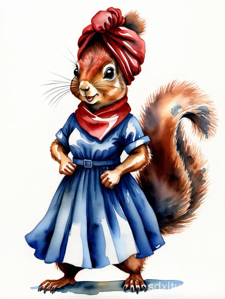squirrel with red headscarf and blue dress in the pose of 'we can do it' in the style of Women's History Month, highly detailed watercolor painting