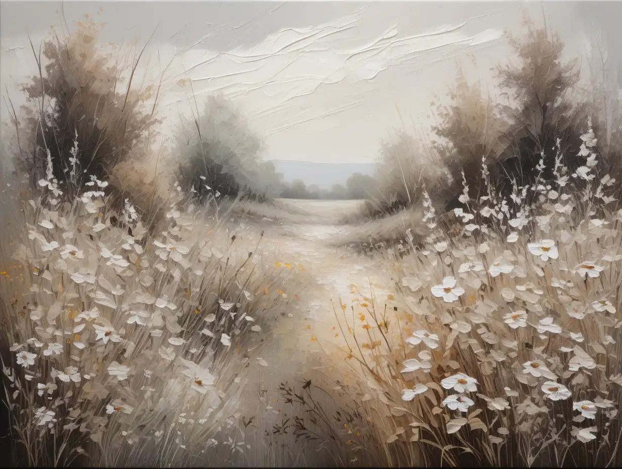 linen canvas texture oil painting. incredibly intricate, textured and detailed very abstract neutral wildflower meadow with delicate overgrown shrubs and wildflower bushes,  using only muted shades of beige, grey, brown, white. enormous texture, grain, blotting, smears and imperfections in paint. shrubs/wildflowers primary focus.