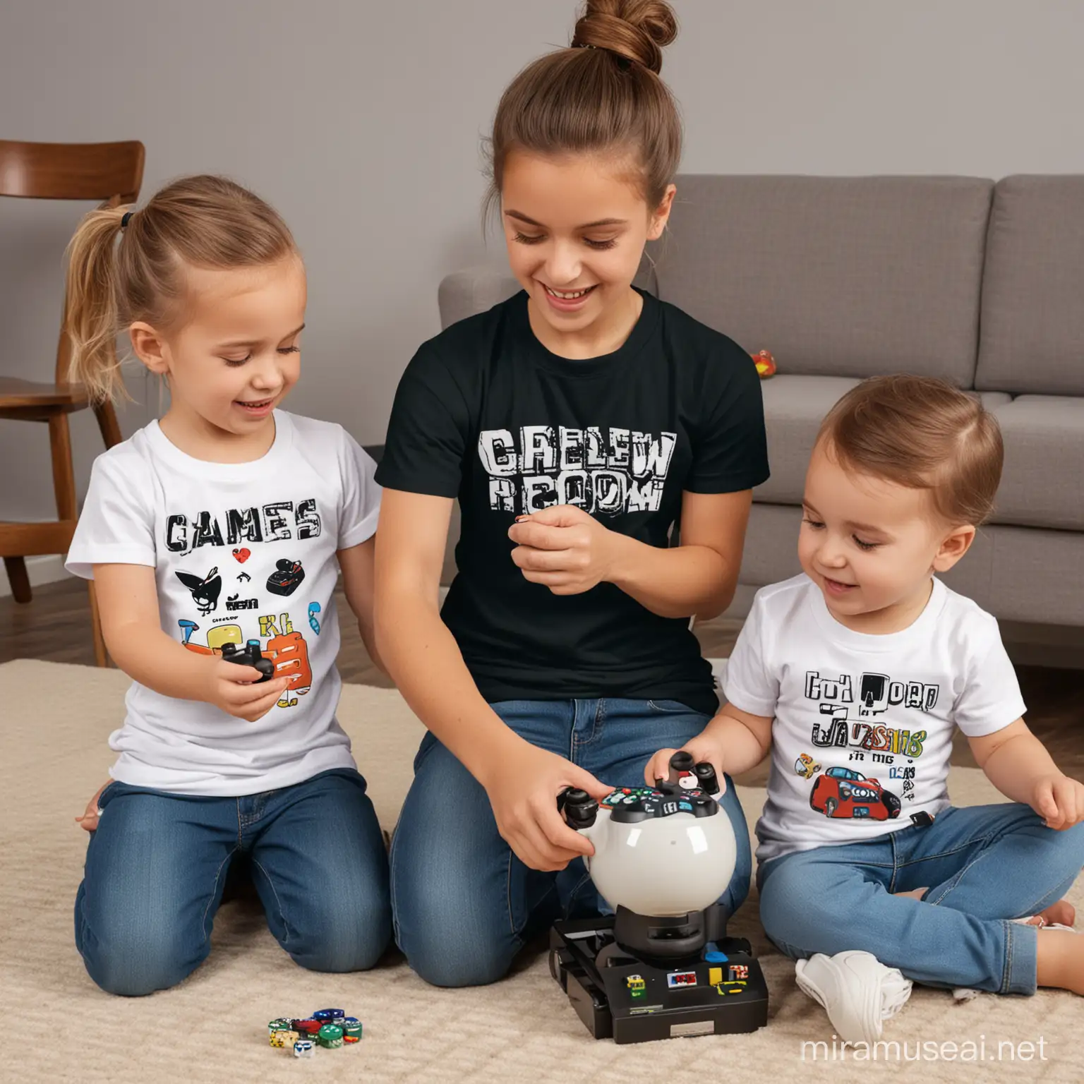 todlers, using classic-fit T-shirt with a crew neck playing games at game room