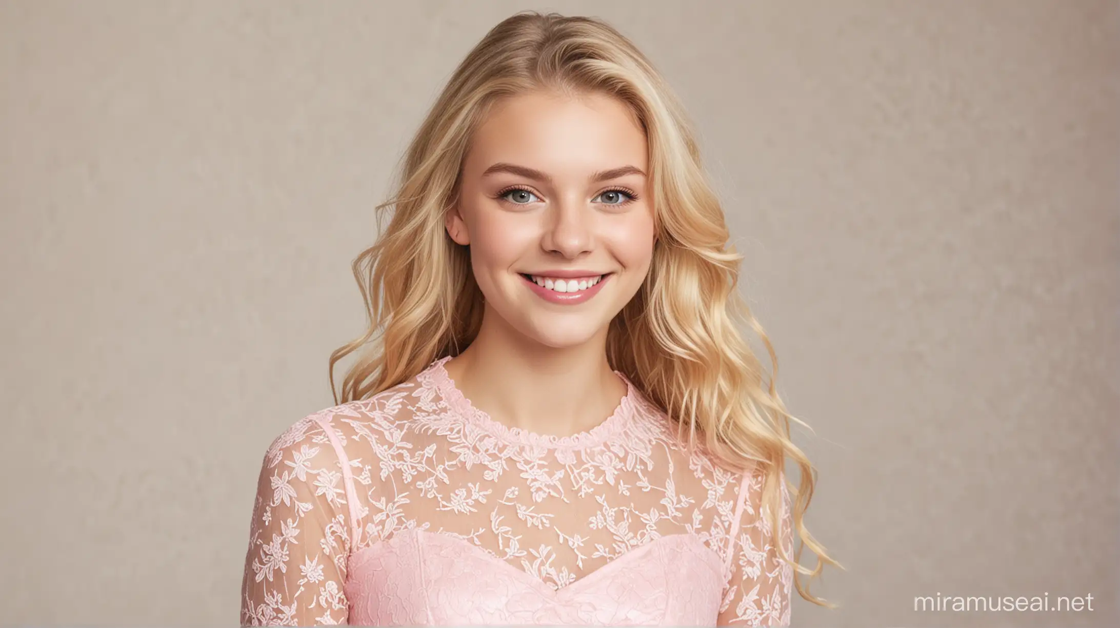 Teenage white girl, blonde hair, smiling at camera, wearing pink lace dress.