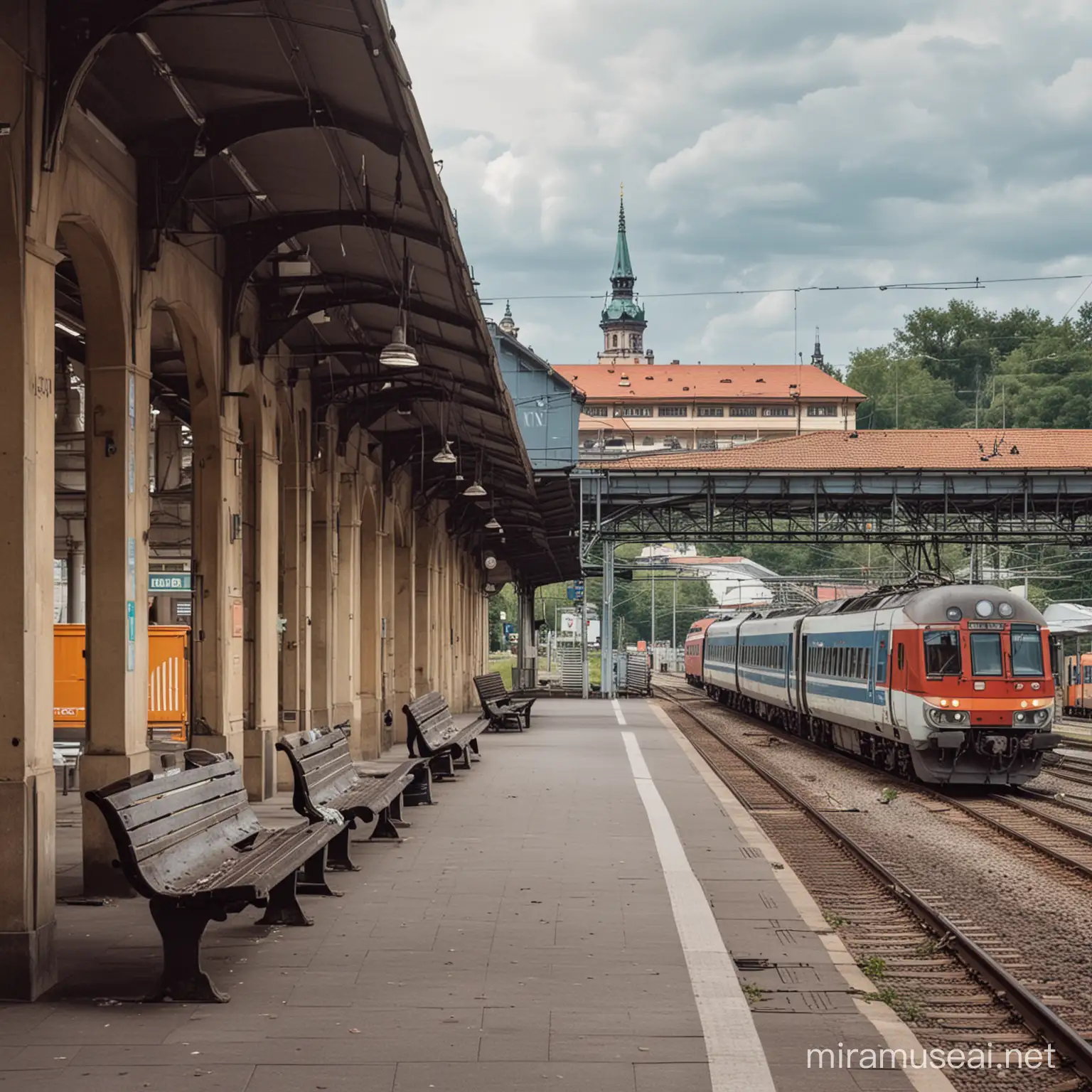 Czech railway station with a train on the platform, benches and trash cans