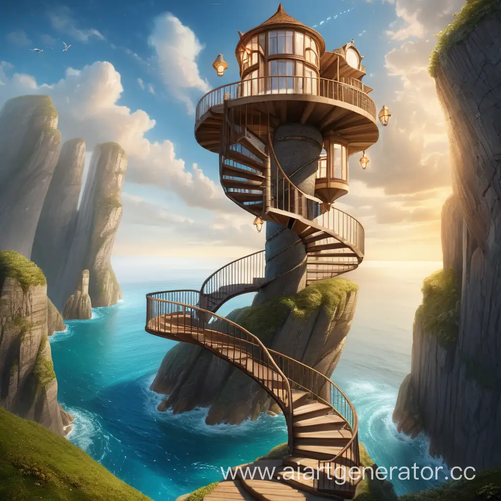 лестница спиральная в небо
с обрывами вокруг лестница летающие островки с лампами
