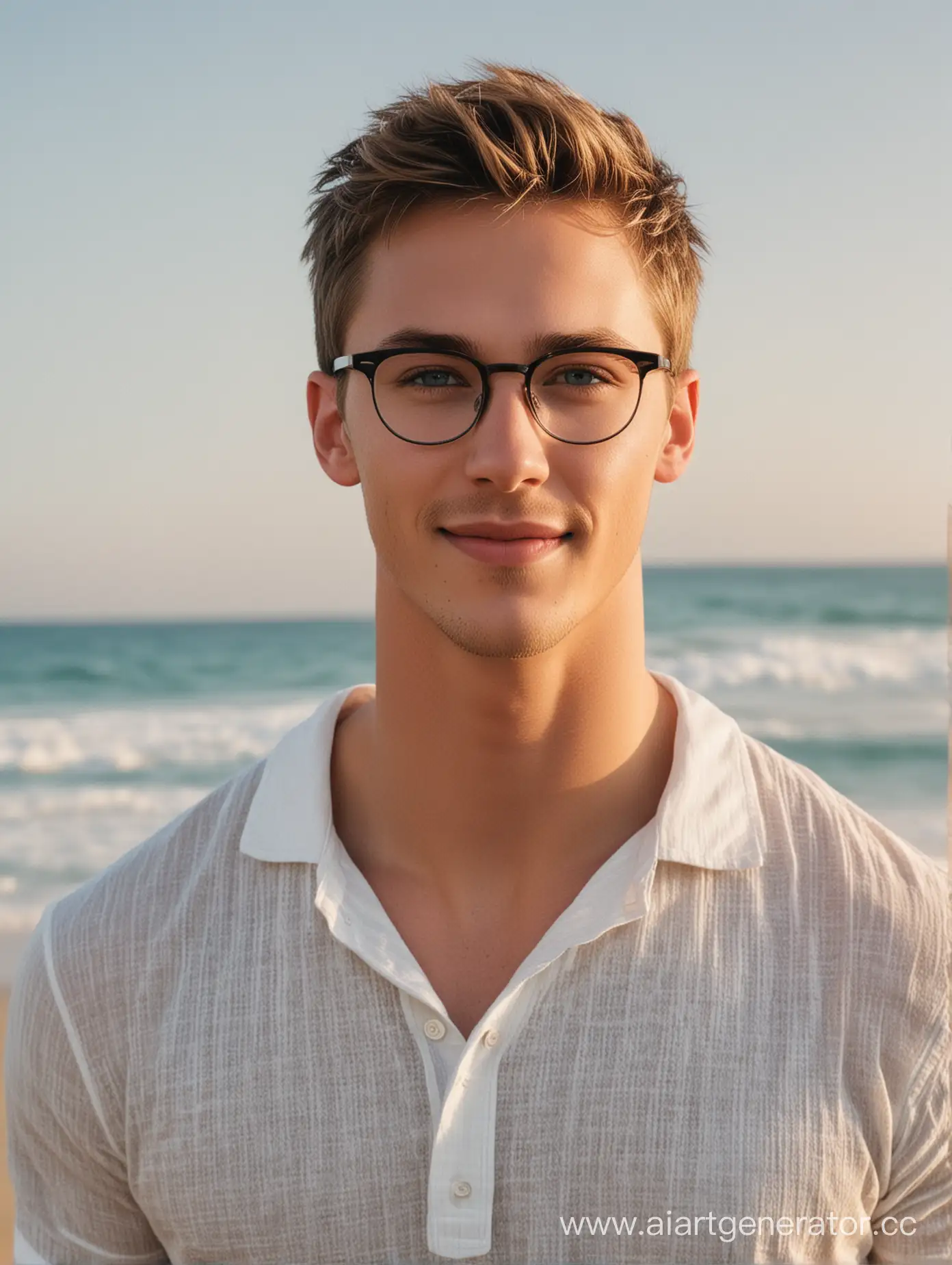 image of a man blond, blond hair, thin face, athletic, slightly disheveled hairstyle, styling, glasses on eyes, with black frames, smiling, handsome, eighteen years old, student, looks like actor Chris Wood, blue eyes, clear lips, in real life style, light body and sea and beach, in the background, full-length, shirt with collar, kind look, realistic pictures, animated gifs -ar 71:128 -Stylize 750 -v 6