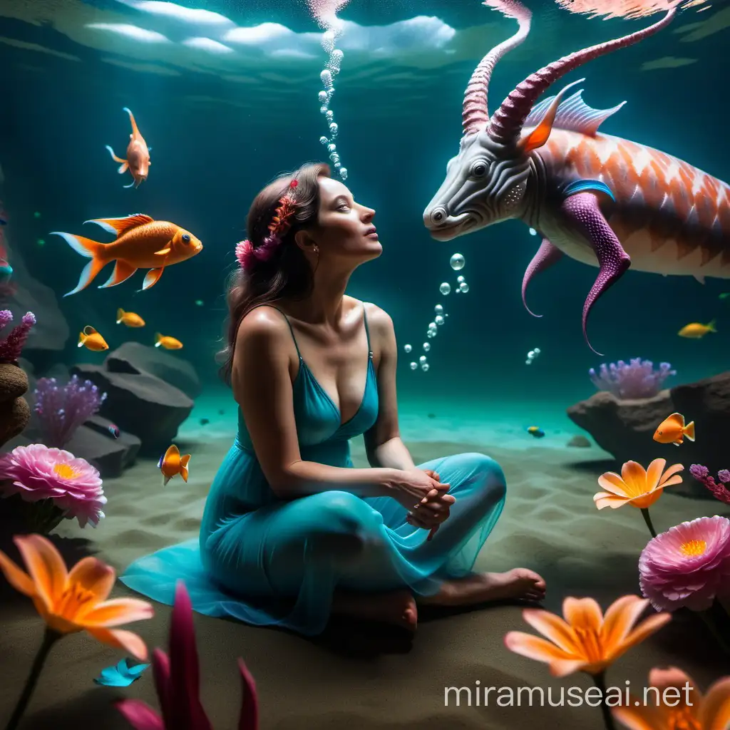 a middle-aged woman, sitting on her side, looking up at a strange animal with four legs and horns. Dramatic atmosphere. Numerous flowers on the ground. Exotic fish swim around the woman in the air