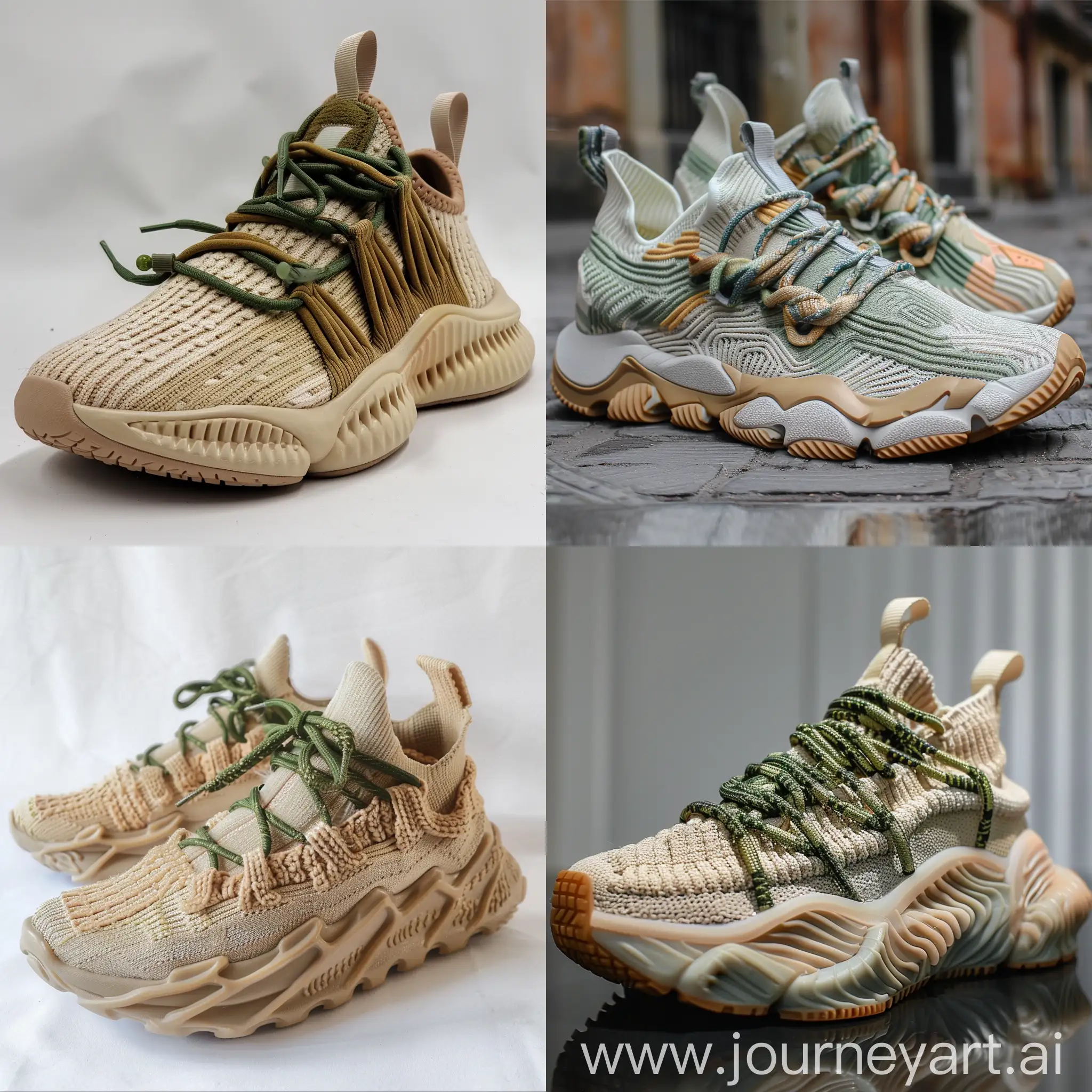 Design sneakers , chunky , inspiration by knitted fabrics , do some knitted lines on upper , rubber outsole , draw knitted lines on midsole , laces inspiration by travis scott hair , knitted laces , colors beige/green/olive/butter/cream , no leather 