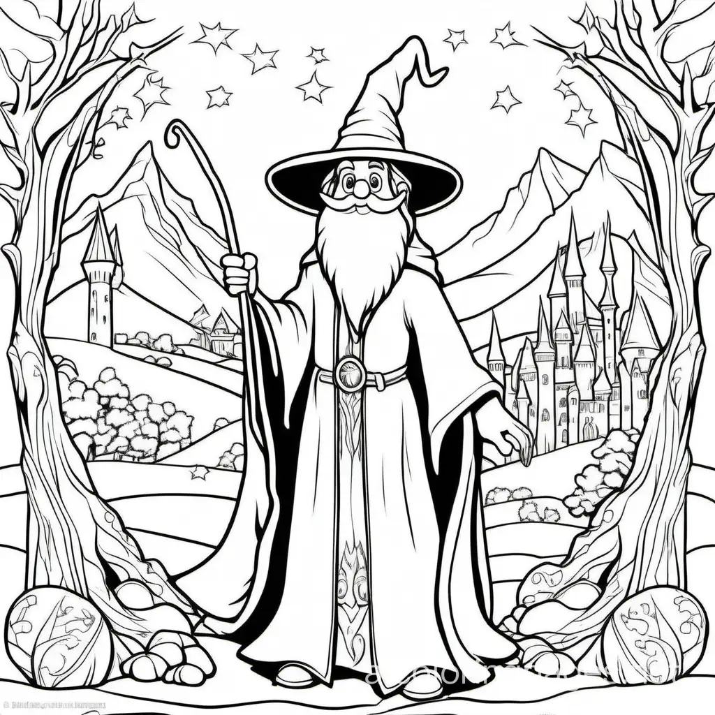 wizard in a fantasy world, Coloring Page, black and white, line art, white background, Simplicity, Ample White Space. The background of the coloring page is plain white to make it easy for young children to color within the lines. The outlines of all the subjects are easy to distinguish, making it simple for kids to color without too much difficulty