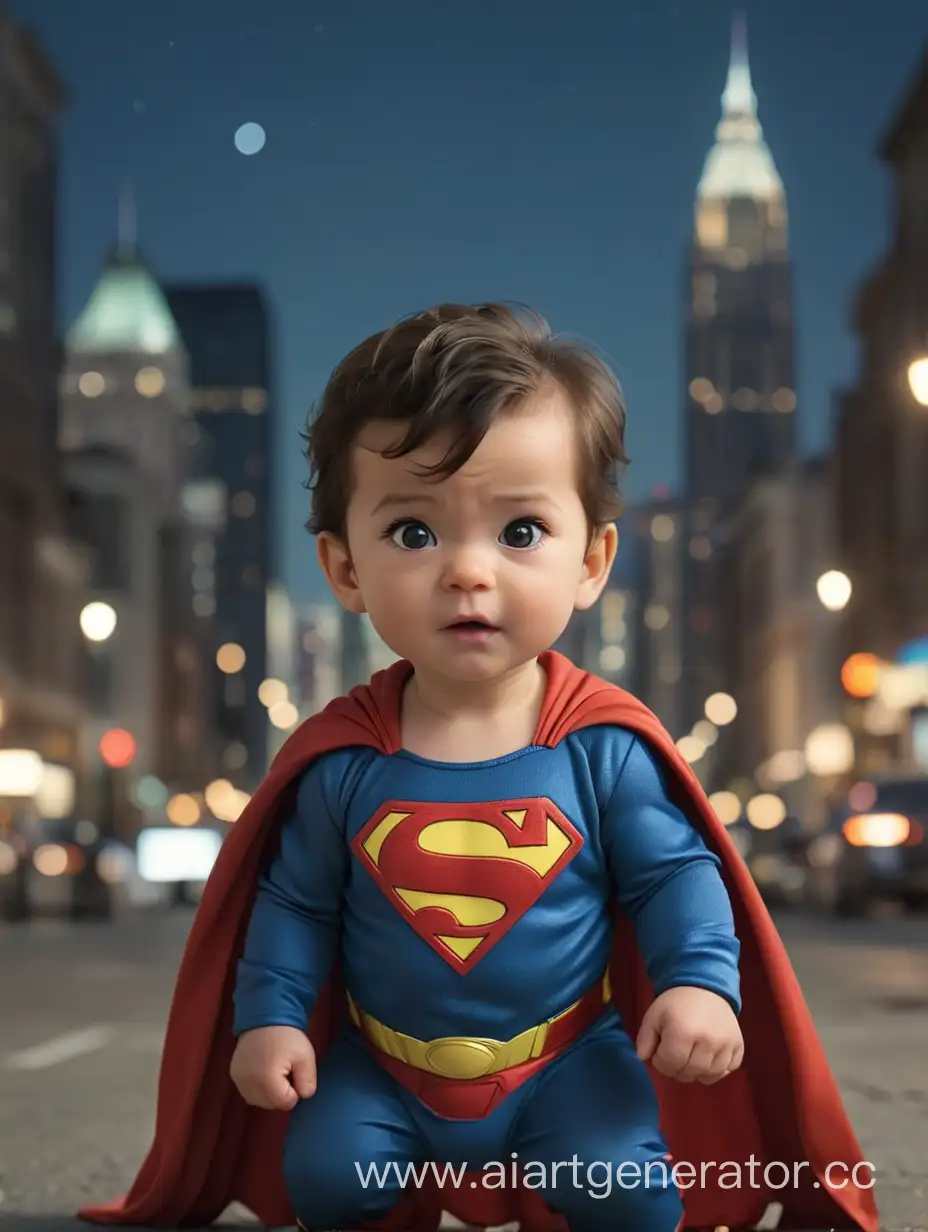 мальчик 1 год в костюме супермена фон ночной город