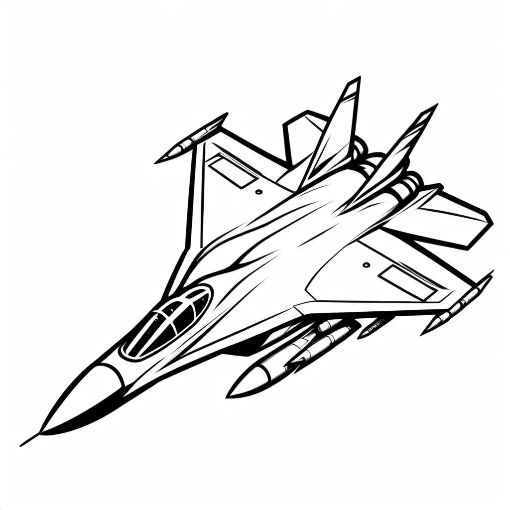 simple cute  fighter jet
coloring page
line art
black and white
white background
no shadow or highlights
