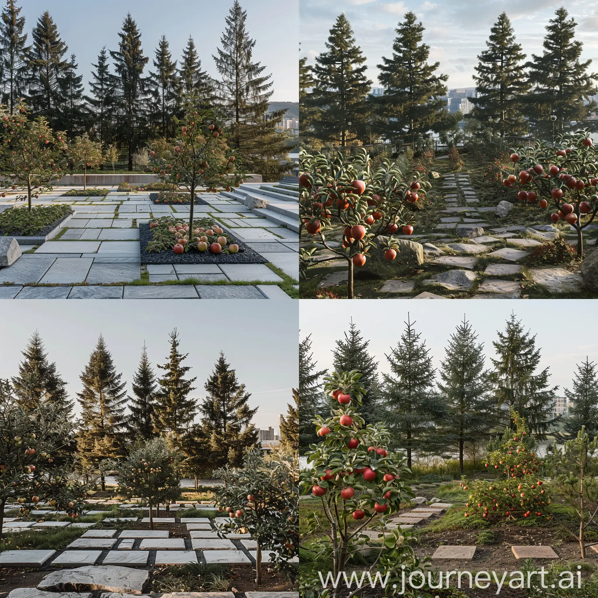 apple orchard in the context of Glasgow architecture with views of the river clyde. Pine trees in the background, public space, stone paths