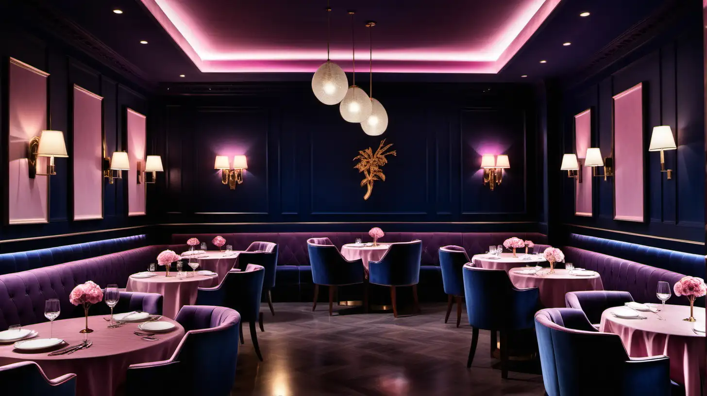 classical, elegant resturant and bar with mood lighting; Midnight blue, Mulberry, soft pink colour palette


