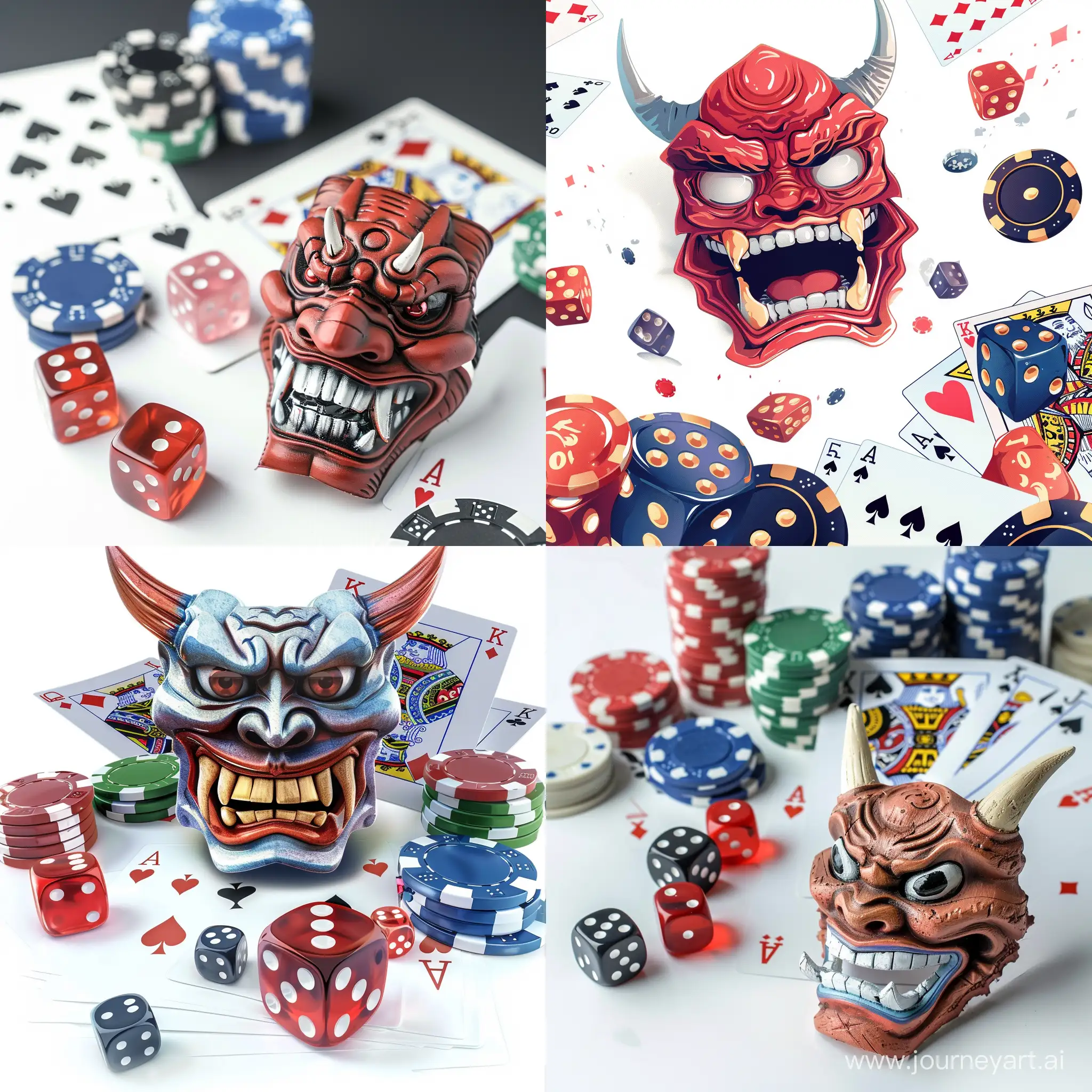 Funny Japanese demon mask, on a white background with playing cards and dice and chips, anime art