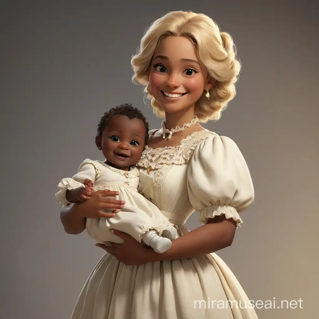 A blonde woman with white skin in a 19th century style dress holds a dark-skinned baby in her arms. They are smiling. We see them full-length, with arms and legs. In the style of realism, 3D animation.