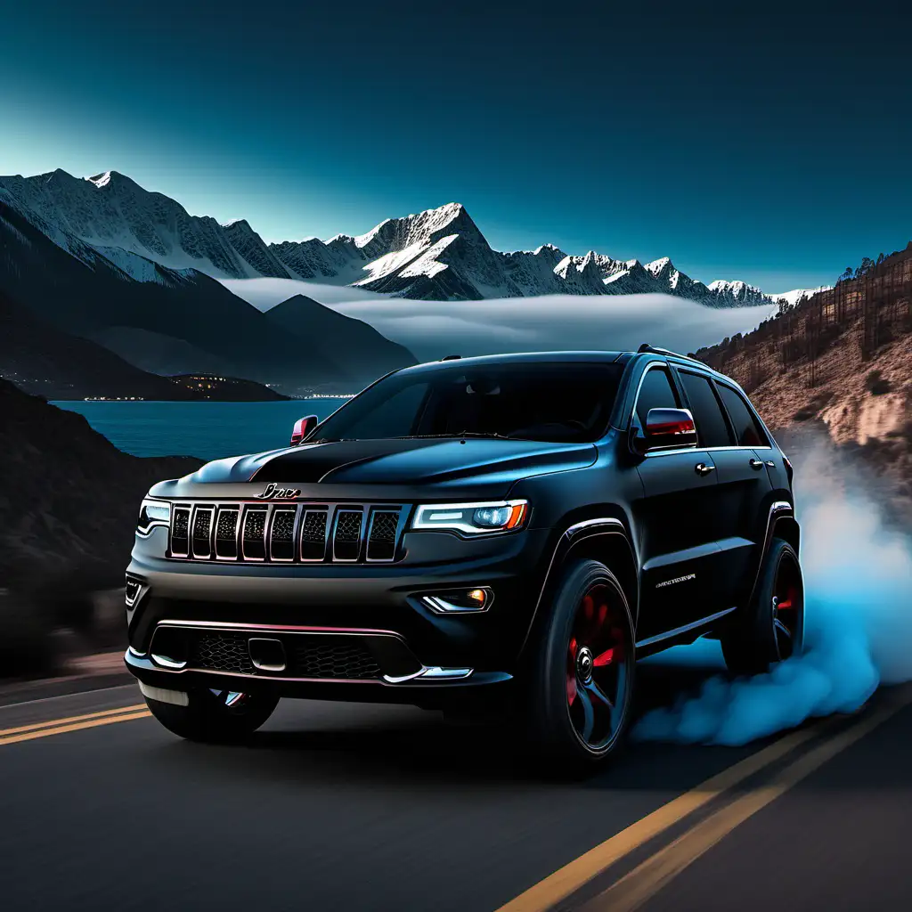 Luxurious 8K Shot Mysterious Black Jeep Grand Cherokee 2022 Drifts Amidst Breathtaking Scenery