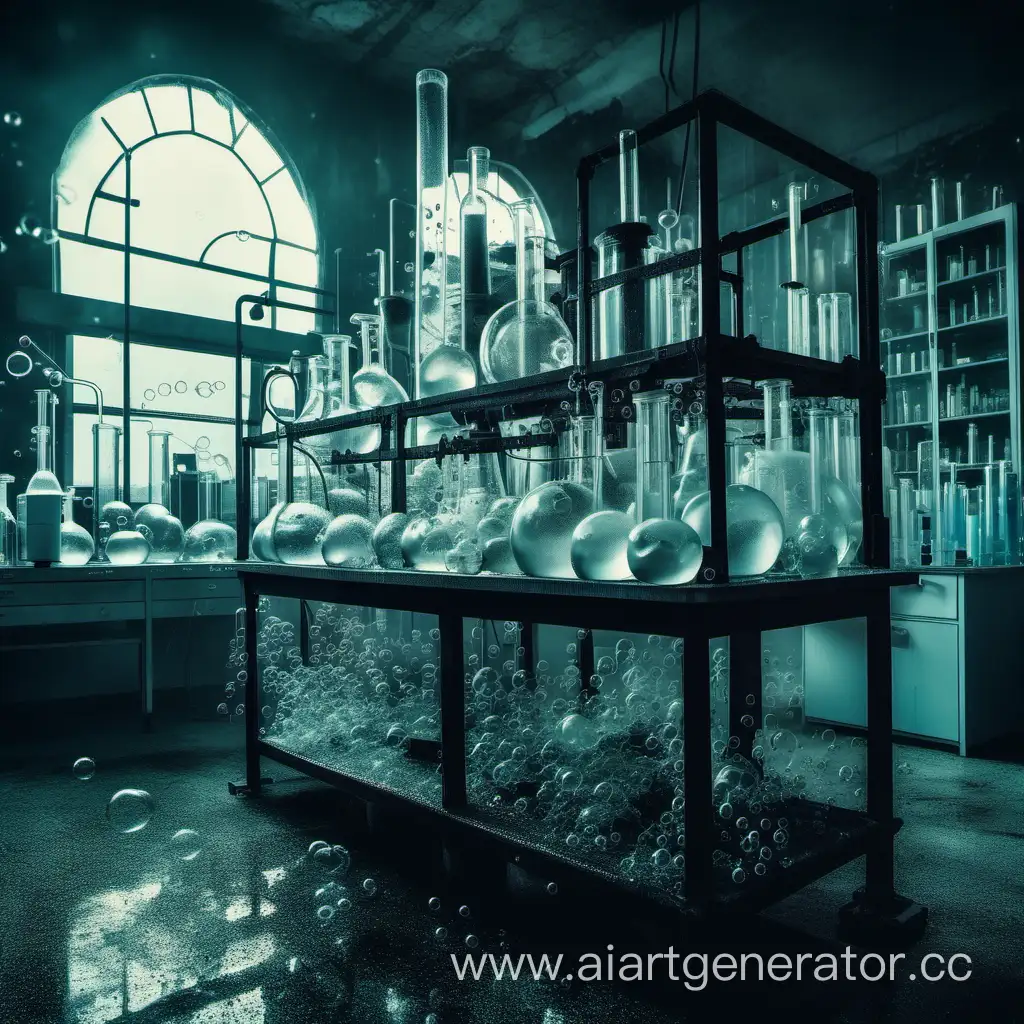 мрачная лаборатория с большим количеством пузырьков с жидкостями в темных и мрачных тонах