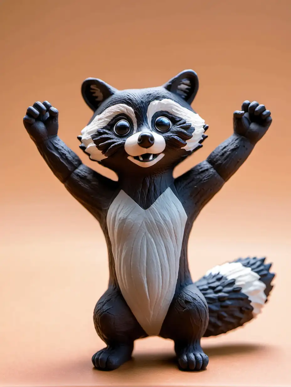 racoon made of clay with his arms in the air and with  black on top of the nose
