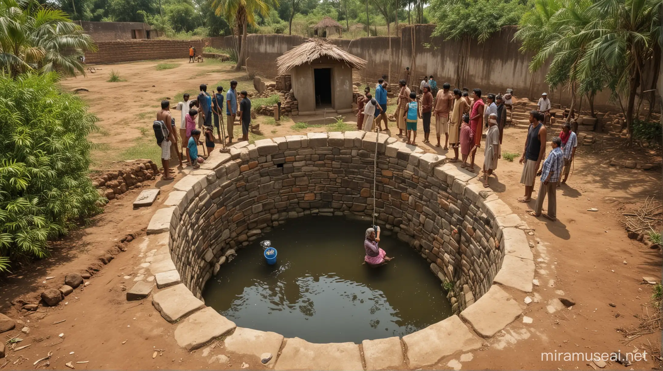 Well near the house in the village of india and some panic indian peoples looking inside the small well, wide angle shot, hyper detailed