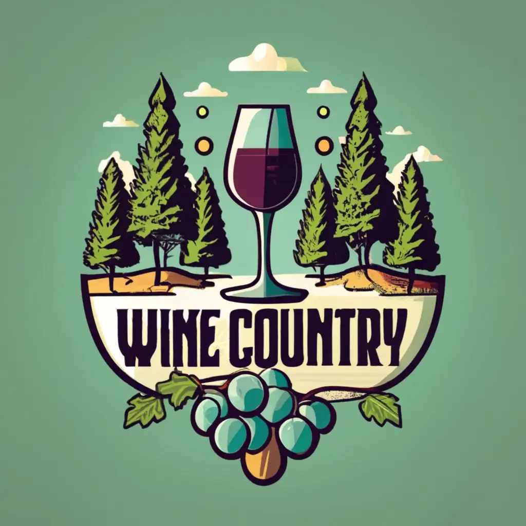 logo, logo, vector, emblem, shimmering, ethereal, mystical, Winecountry, sonoma, redwoods, insignia, wine glass, purple grapes, grape field, golden ratio, white, with the text "wine country sonoma", typography, be used in Nonprofit industry
