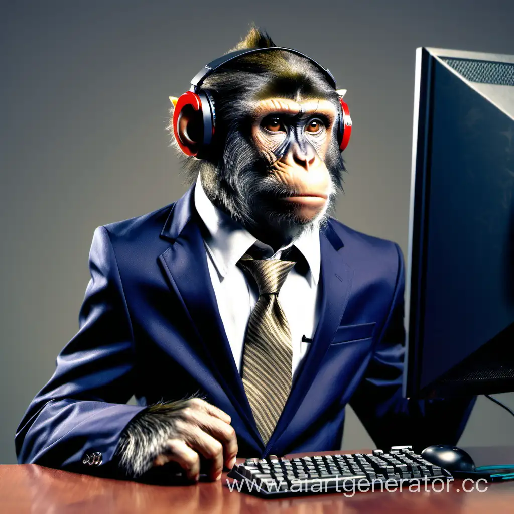 takım elbiseli bilgisayar kolyuğunda oturan gamer maymun
