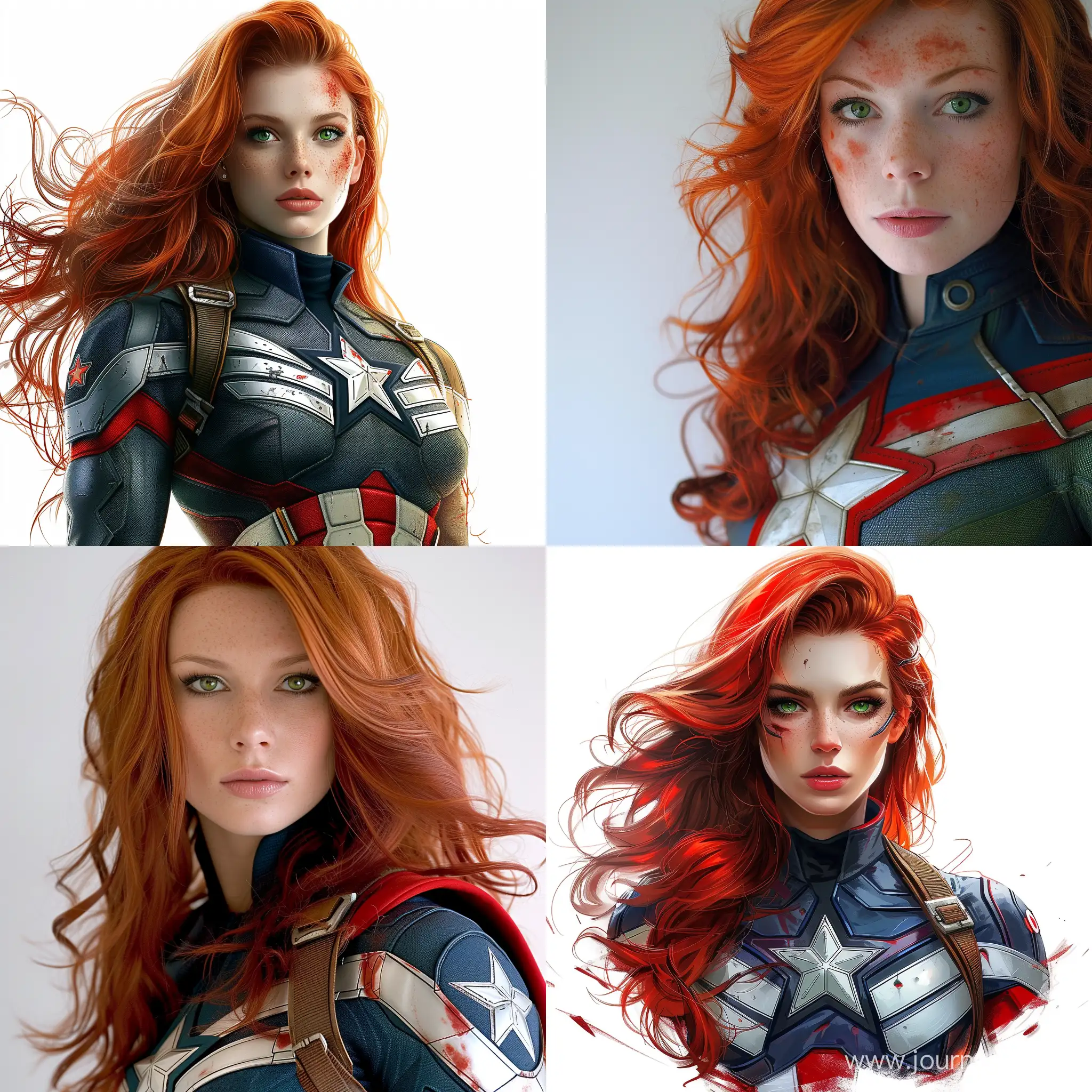 sexy female superhero red hair green eyes captain america costume white background
