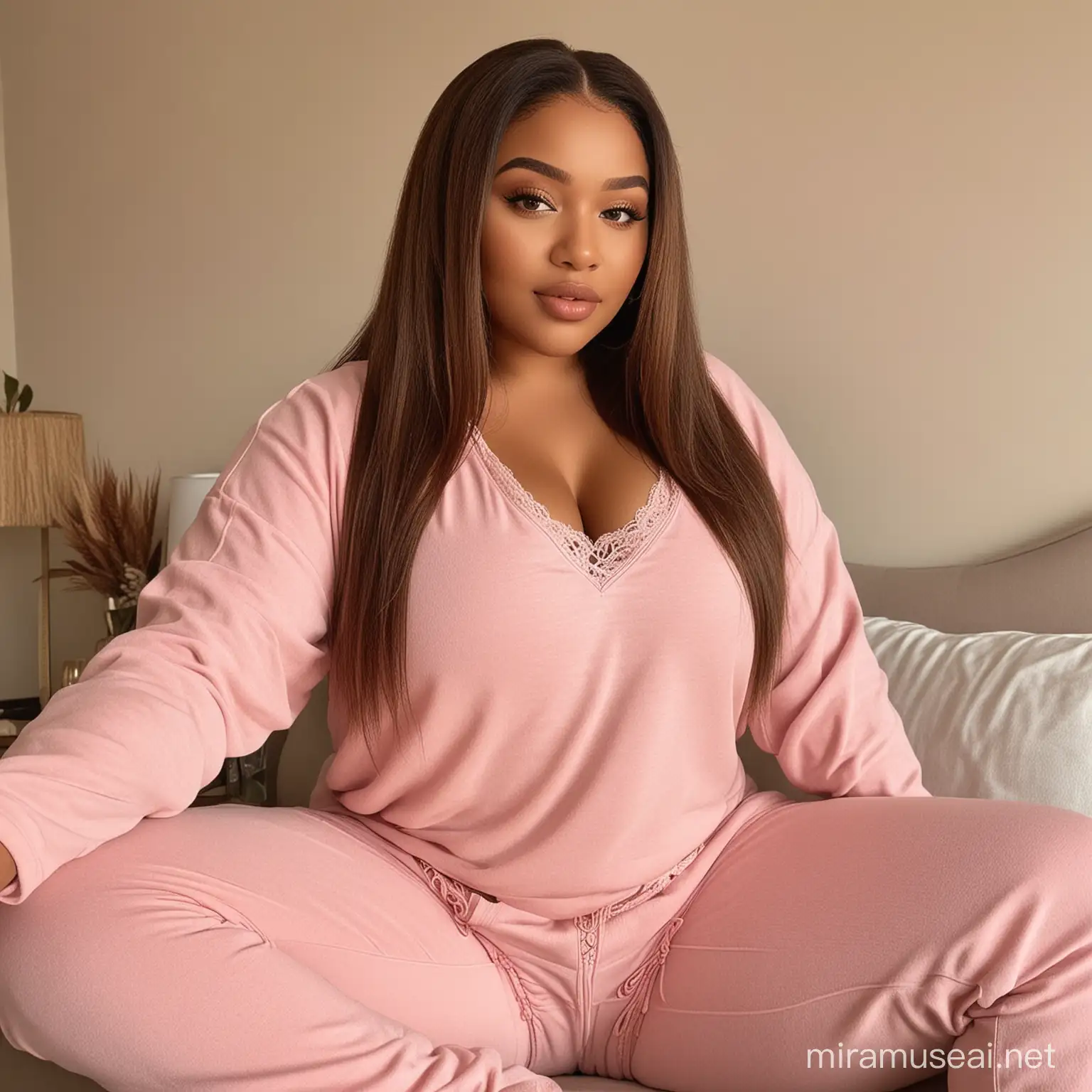 Image prompt/: generate pictures full body of a light skinned south african curvy, thick, plus size girl that looks like me, with a straight brown hd lace front weave, in comfy pink loungewear