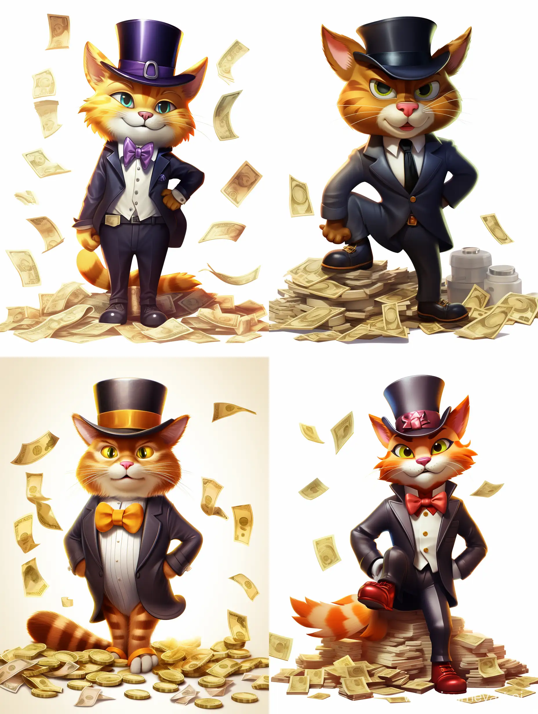 A millionaire cat in a suit with a tie and a hat in beautiful shoes on a white background. A Pixar-style picture. Tosses coins and paper money