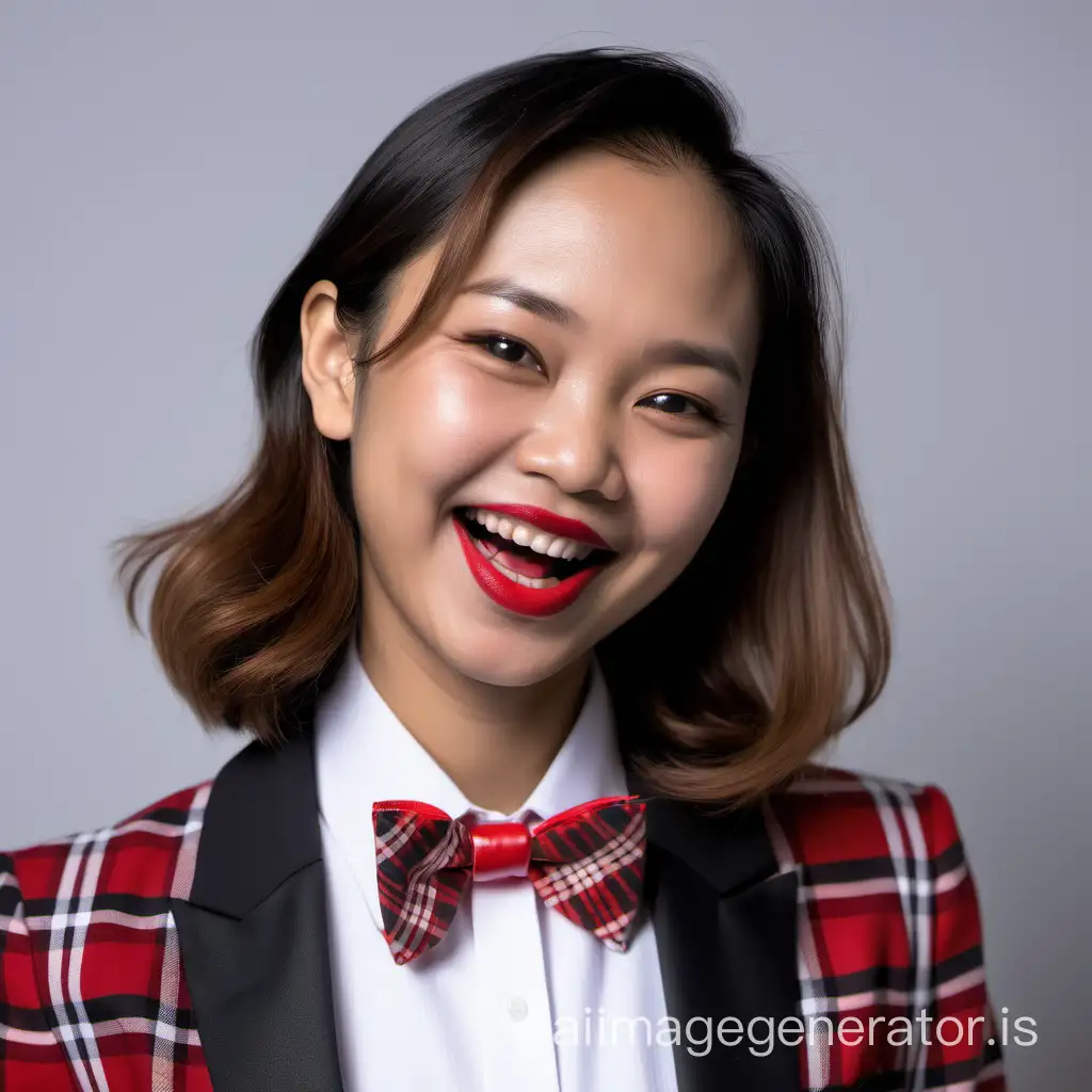 giggling filipino lady with shoulder length hair wearing a red and black plaid tuxedo, wearing a white shirt, wearing a red bow tie, wearing red lipstick
