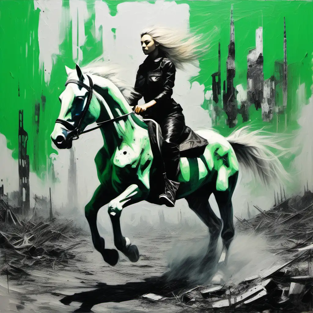 A beautiful day in a post-apocalyptic wasteland, merging elements of retro futuristic with a green and black color scheme, oil painting, strong brush strokes, layers, textured, a young woman is riding a white horse