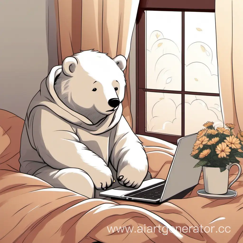 Cute and calm white bear contemplatively looks at a laptop near the window on a bed covered with a warm blanket and drinks hot tea. Around are cute flowers of wisdom. The picture is warm and cozy in a minimalist style.