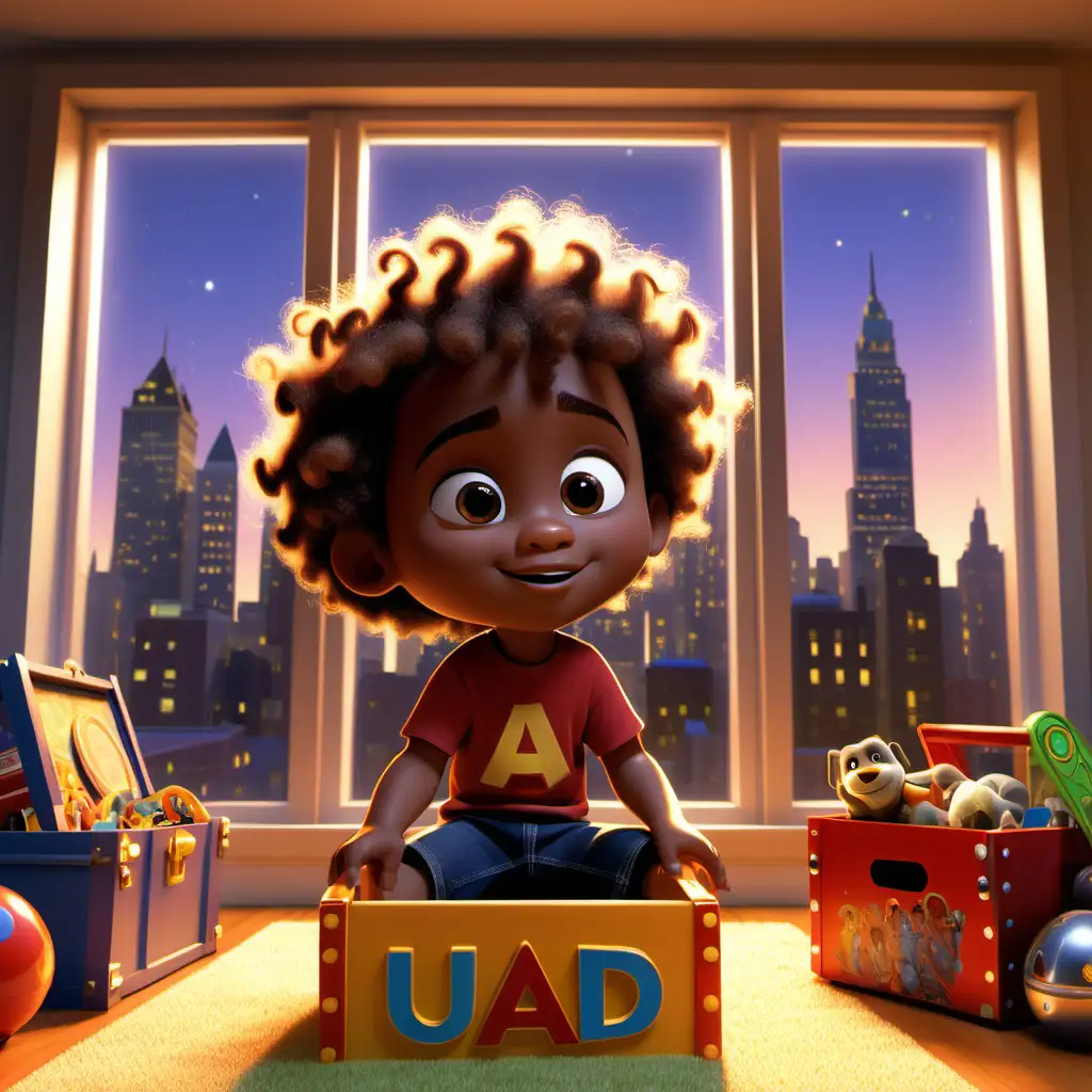 Prompt 1: African American boy named Amir with medium length curly hair aged 1 years old that lives in a big city and is gifted a shiny magical toy chest as an early gift for his 2nd birthday that’s 3 months away that’s takes him on an adventure into a toy land where he discovers he has super powers, In his play room at his home in a big city, Pixar 3D  Prompt 2: African American boy named Amir with medium length curly hair aged 1 years old that lives in a big city and is gifted a shiny magical toy chest as an early gift for his 2nd birthday that’s 3 months away that’s takes him on an adventure into a toy land where he discovers he has super powers, Sitting in a sunlit playroom surrounded by towering skyscrapers visible through a large window, With the golden light of sunset filling the room, Pixar 3D  Prompt 3: African American boy named Amir with medium length curly hair aged 1 years old that lives in a big city and is gifted a shiny magical toy chest as an early gift for his 2nd birthday that’s 3 months away that’s takes him on an adventure into a toy land where he discovers he has super powers, In a cozy corner of his playroom, under a stream of morning light coming through a high-rise apartment window, Morning, Pixar 3D  Prompt 4: African American boy named Amir with medium length curly hair aged 1 years old that lives in a big city and is gifted a shiny magical toy chest as an early gift for his 2nd birthday that’s 3 months away that’s takes him on an adventure into a toy land where he discovers he has super powers, In the middle of his cluttered, toy-filled playroom, with a view of the bustling city night through his window, Night, Pixar 3D