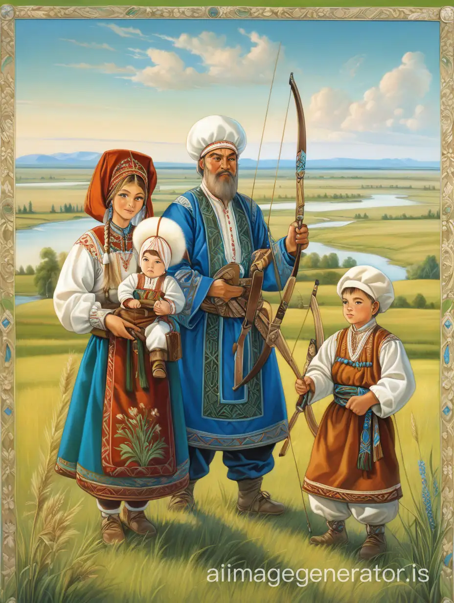 summer landscape, fields, meadows, steppes, river, grass in the foreground, in the center there are 4 Bashkirs in national costumes, mom and dad, the youngest son and the eldest son, dad holding a bow, the eldest son holding a saber, the youngest holding a bow, looking at the viewer