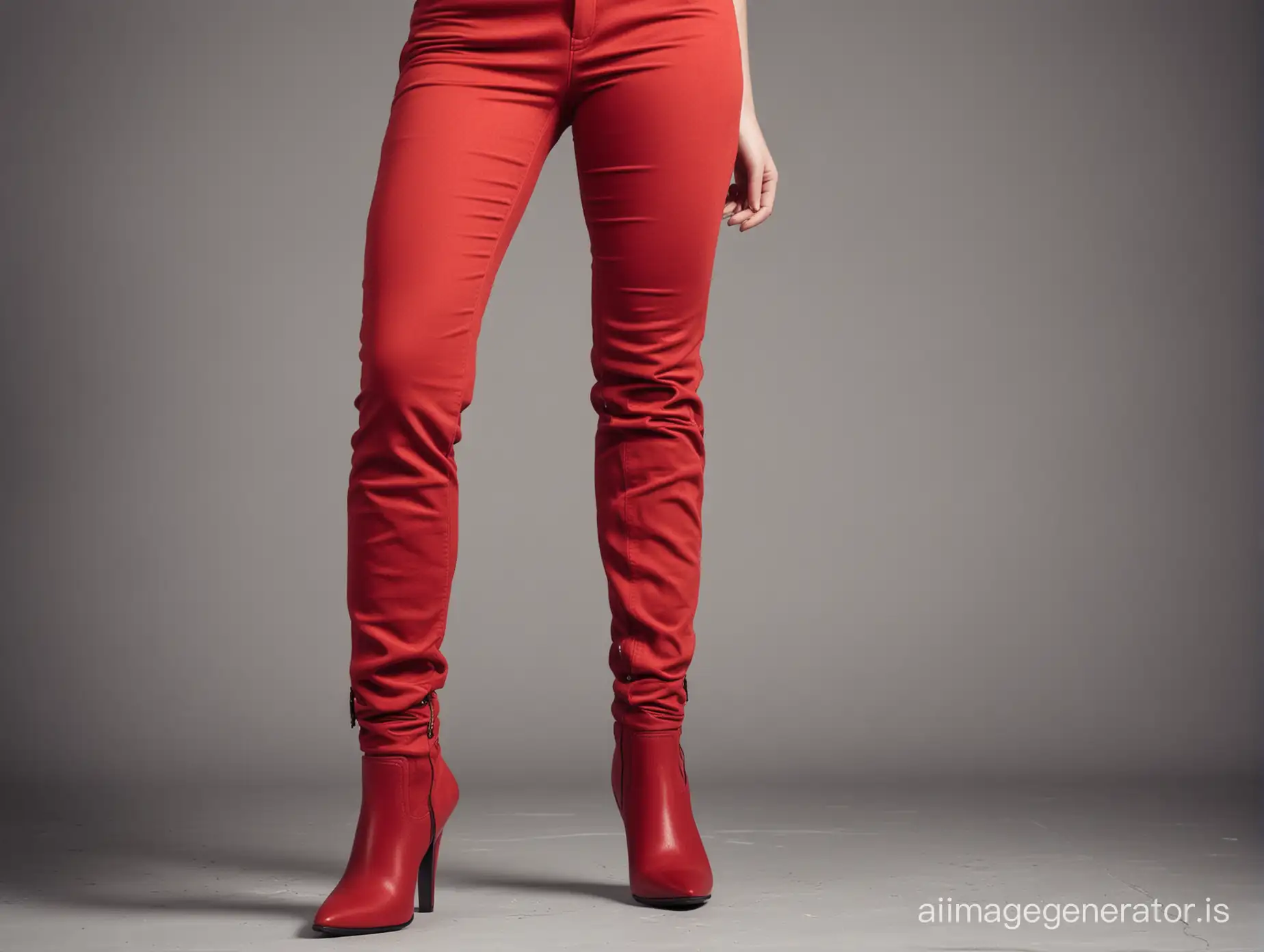 closeup on a lady in red textile pants with belt and high heel boots