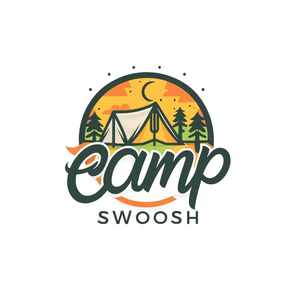 a logo design,with the text "Camp Swoosh", main symbol:Summer Camp,complex,clear background