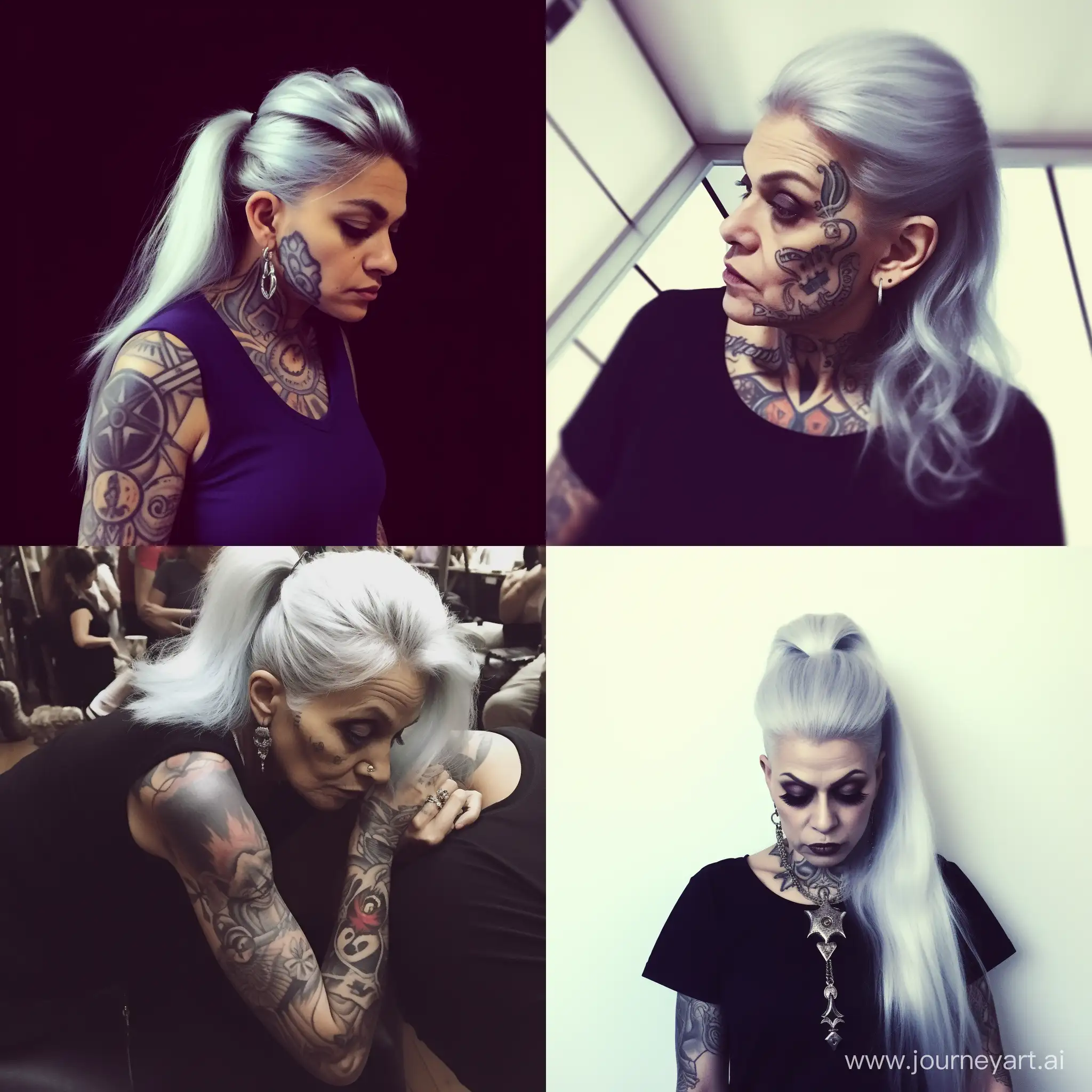 Interior selfie of a tattooed woman with silver hair and piercings,shot on a low camera quality phone